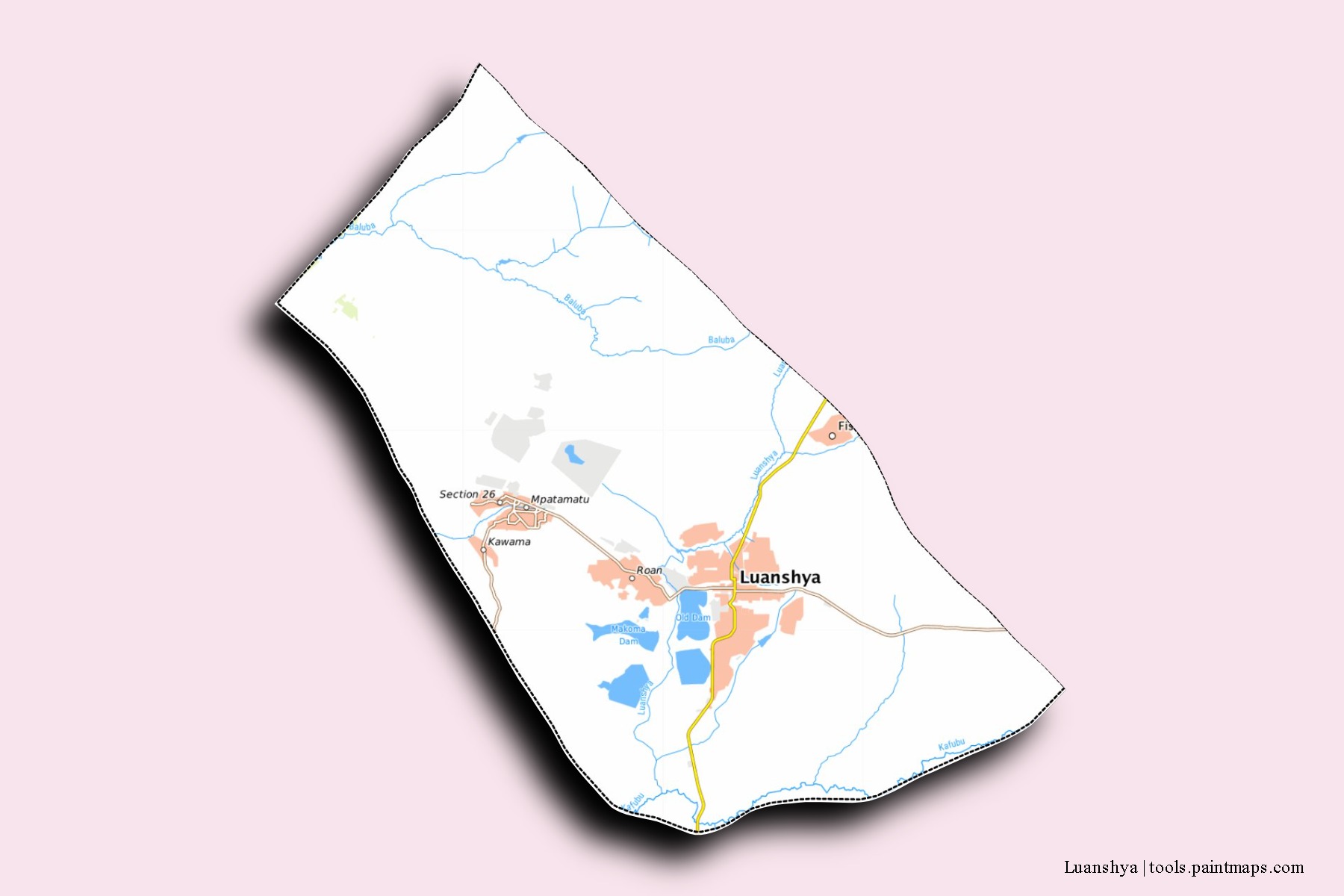 Luanshya neighborhoods and villages map with 3D shadow effect