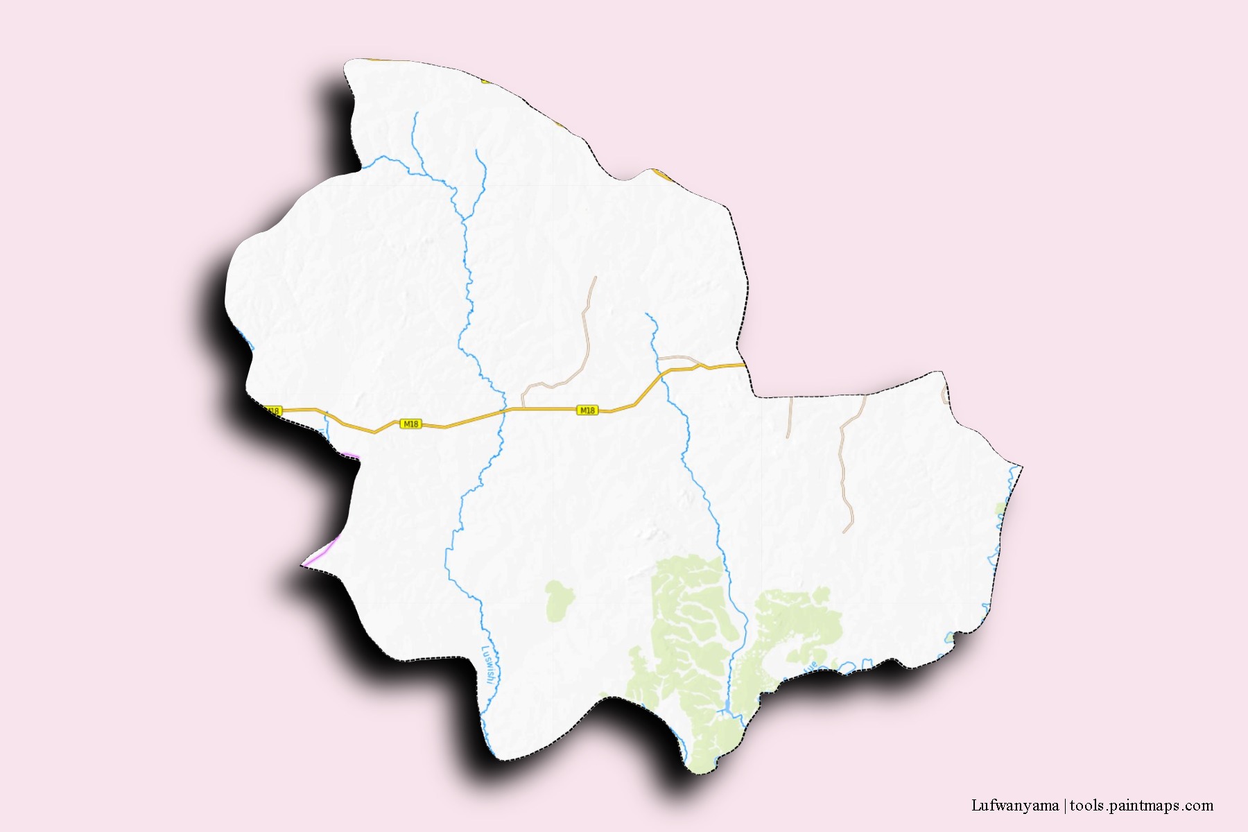 Mapa de barrios y pueblos de Lufwanyama con efecto de sombra 3D