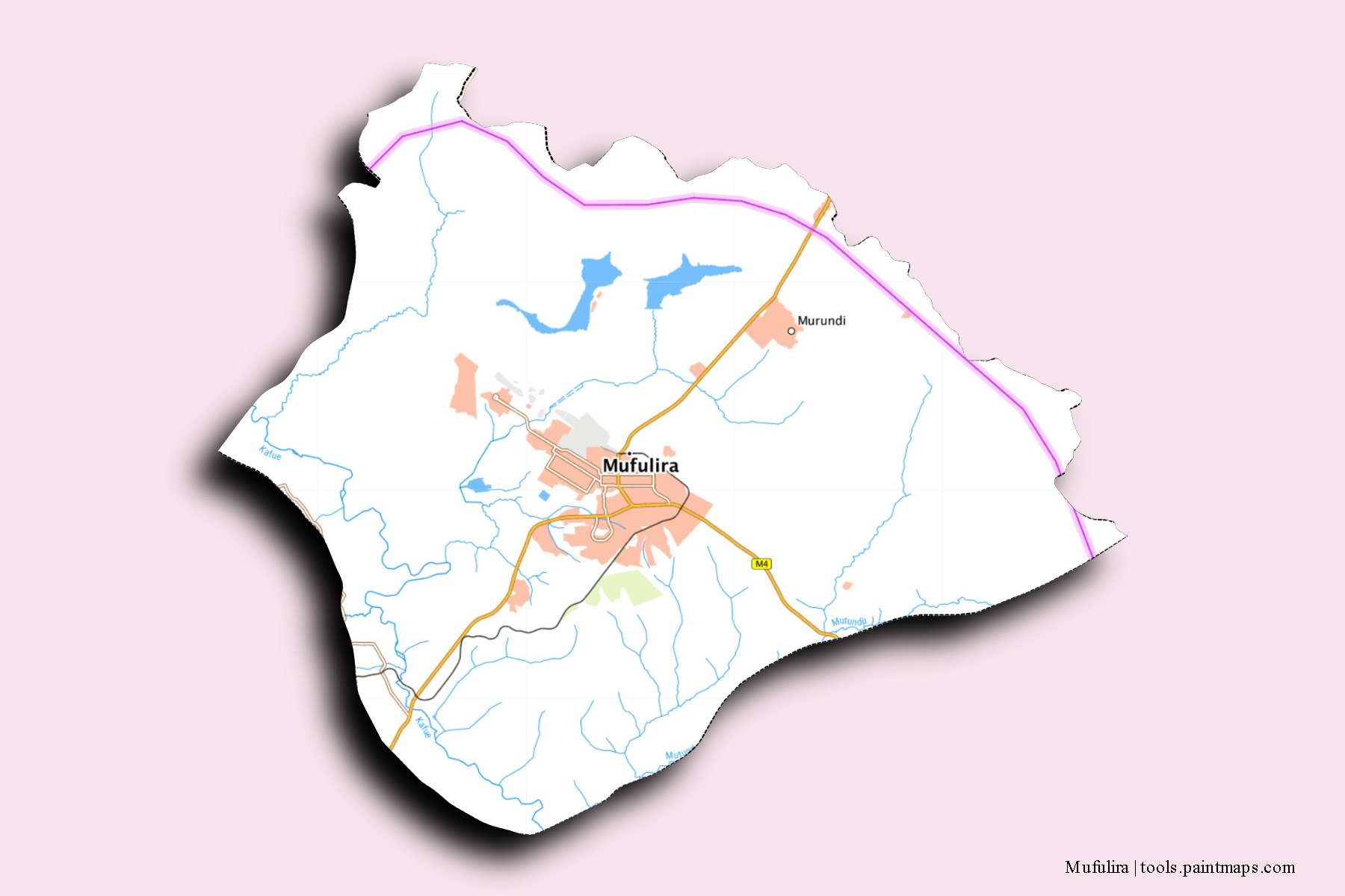 Mapa de barrios y pueblos de Mufulira con efecto de sombra 3D