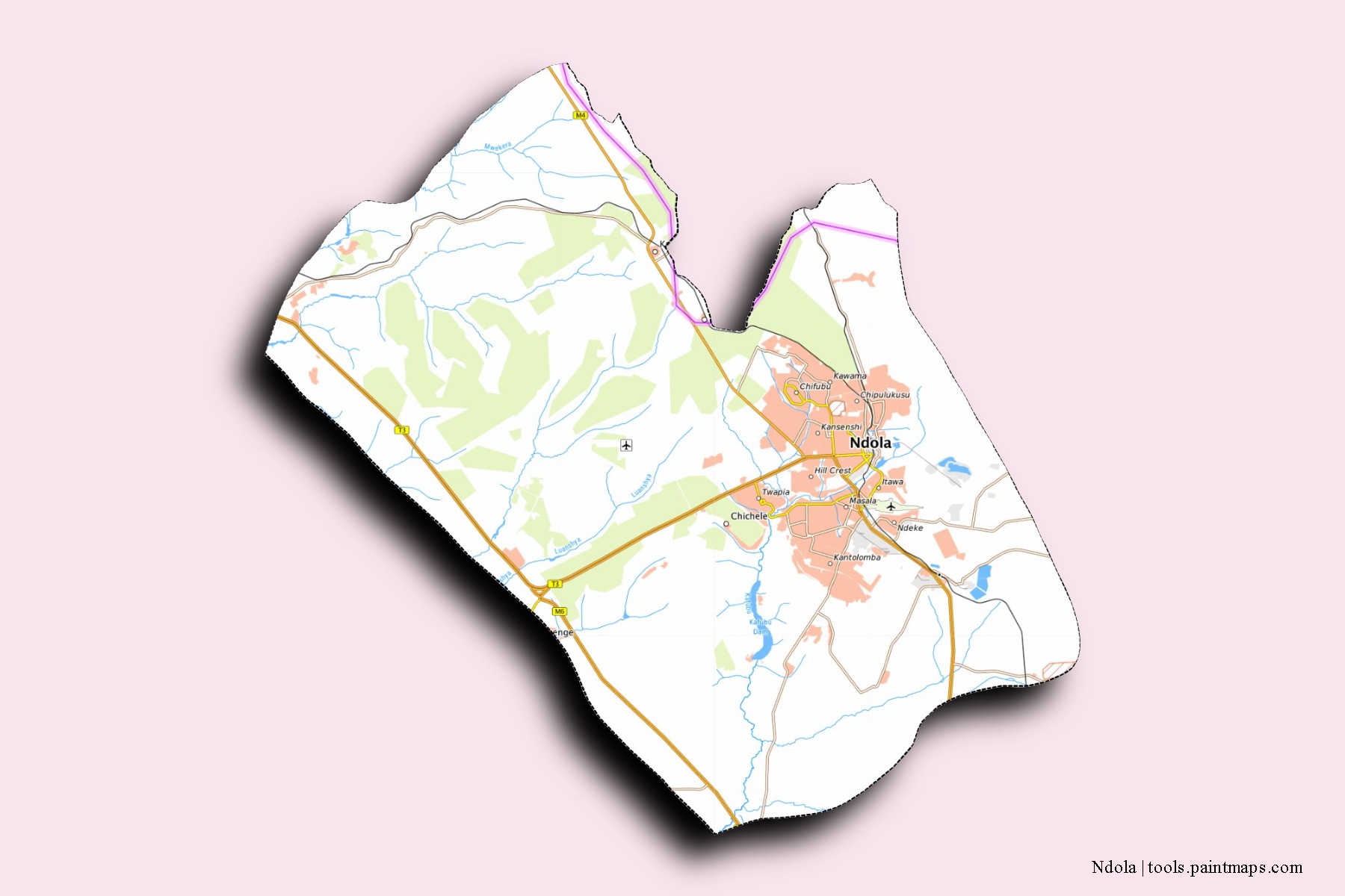 Mapa de barrios y pueblos de Ndola con efecto de sombra 3D