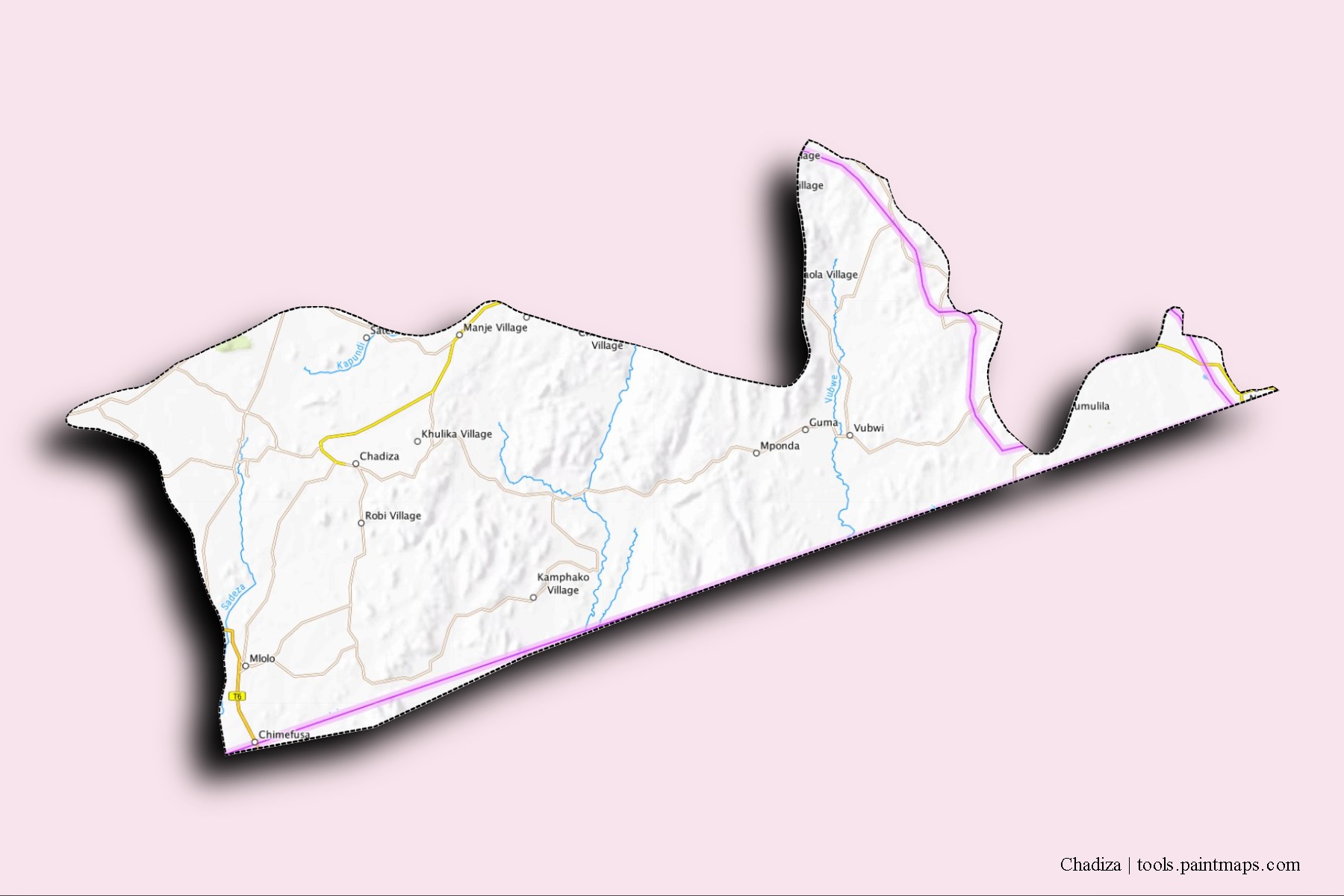 Chadiza neighborhoods and villages map with 3D shadow effect