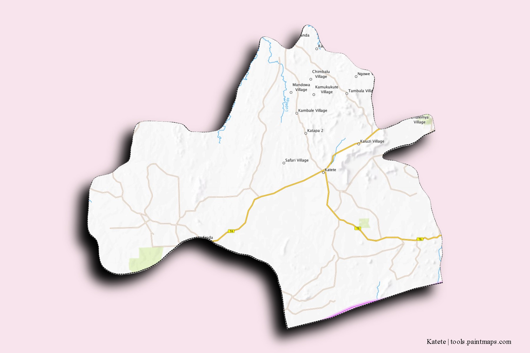 Mapa de barrios y pueblos de Katete con efecto de sombra 3D