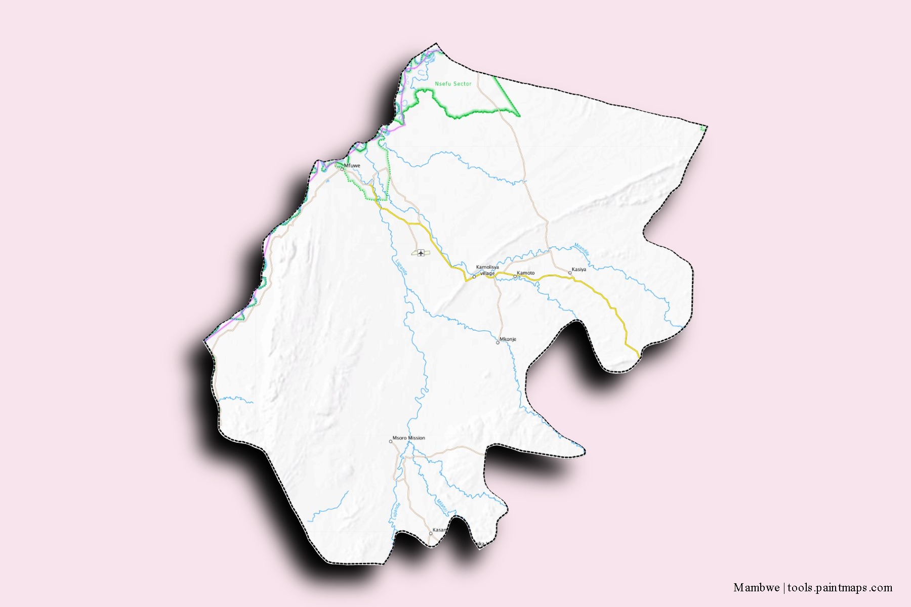 Mapa de barrios y pueblos de Mambwe con efecto de sombra 3D