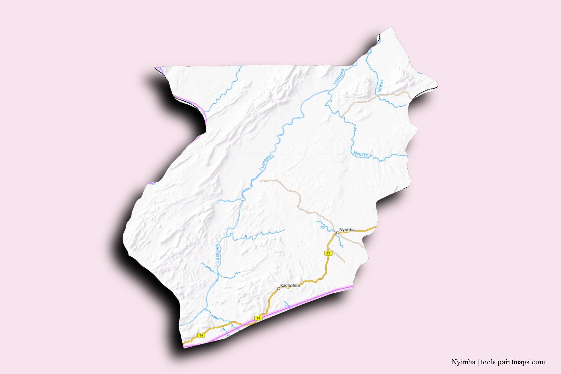 Mapa de barrios y pueblos de Nyimba con efecto de sombra 3D