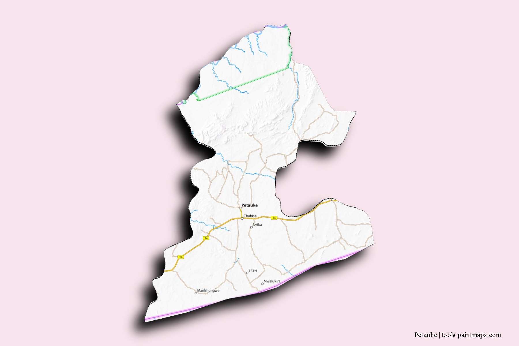 Mapa de barrios y pueblos de Petauke con efecto de sombra 3D