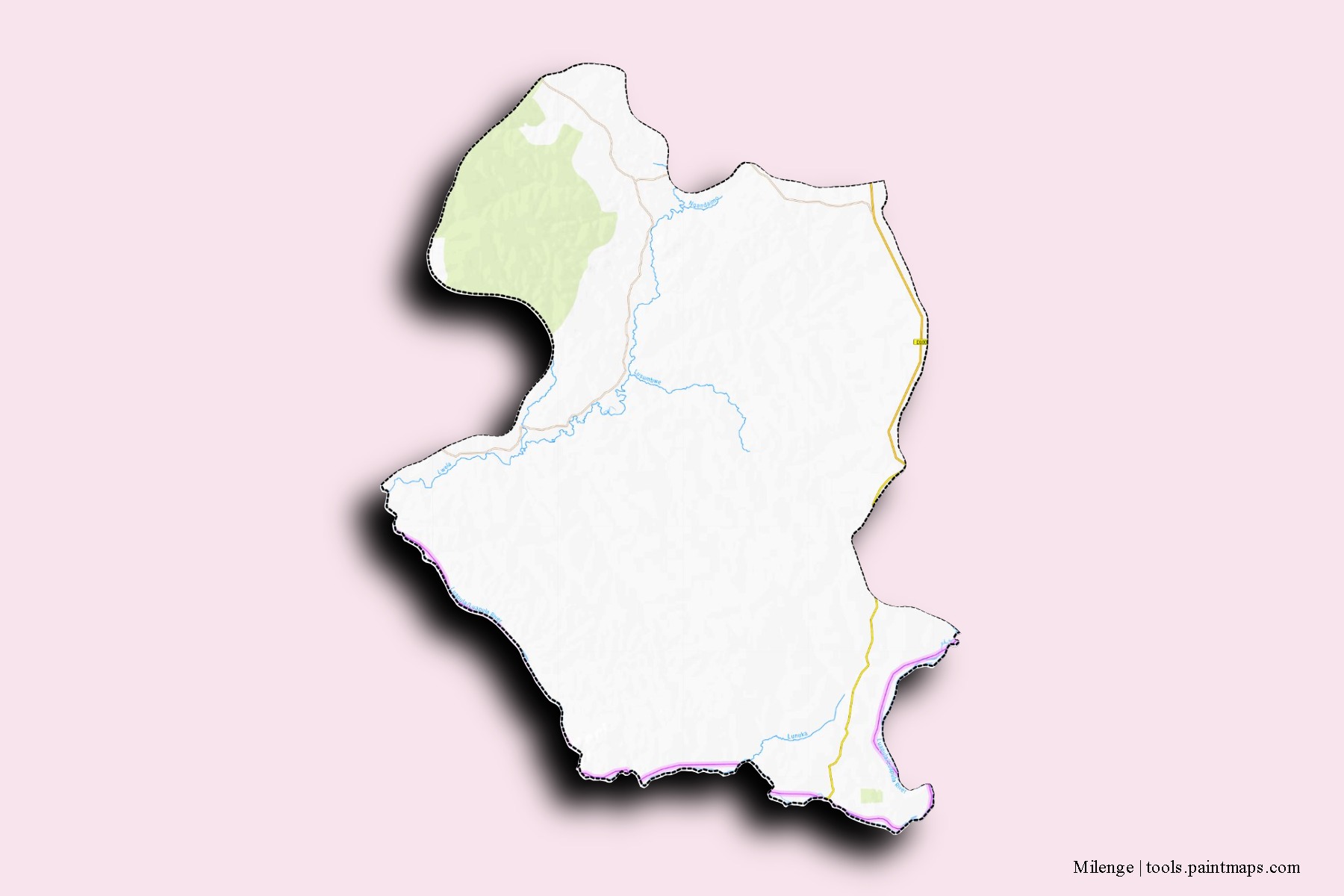 Mapa de barrios y pueblos de Milenge con efecto de sombra 3D