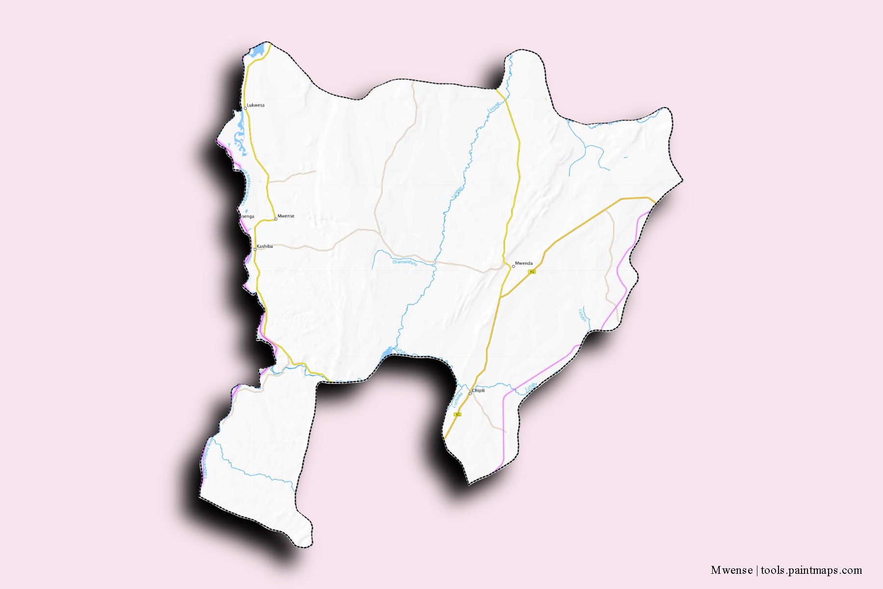 Mapa de barrios y pueblos de Mwense con efecto de sombra 3D