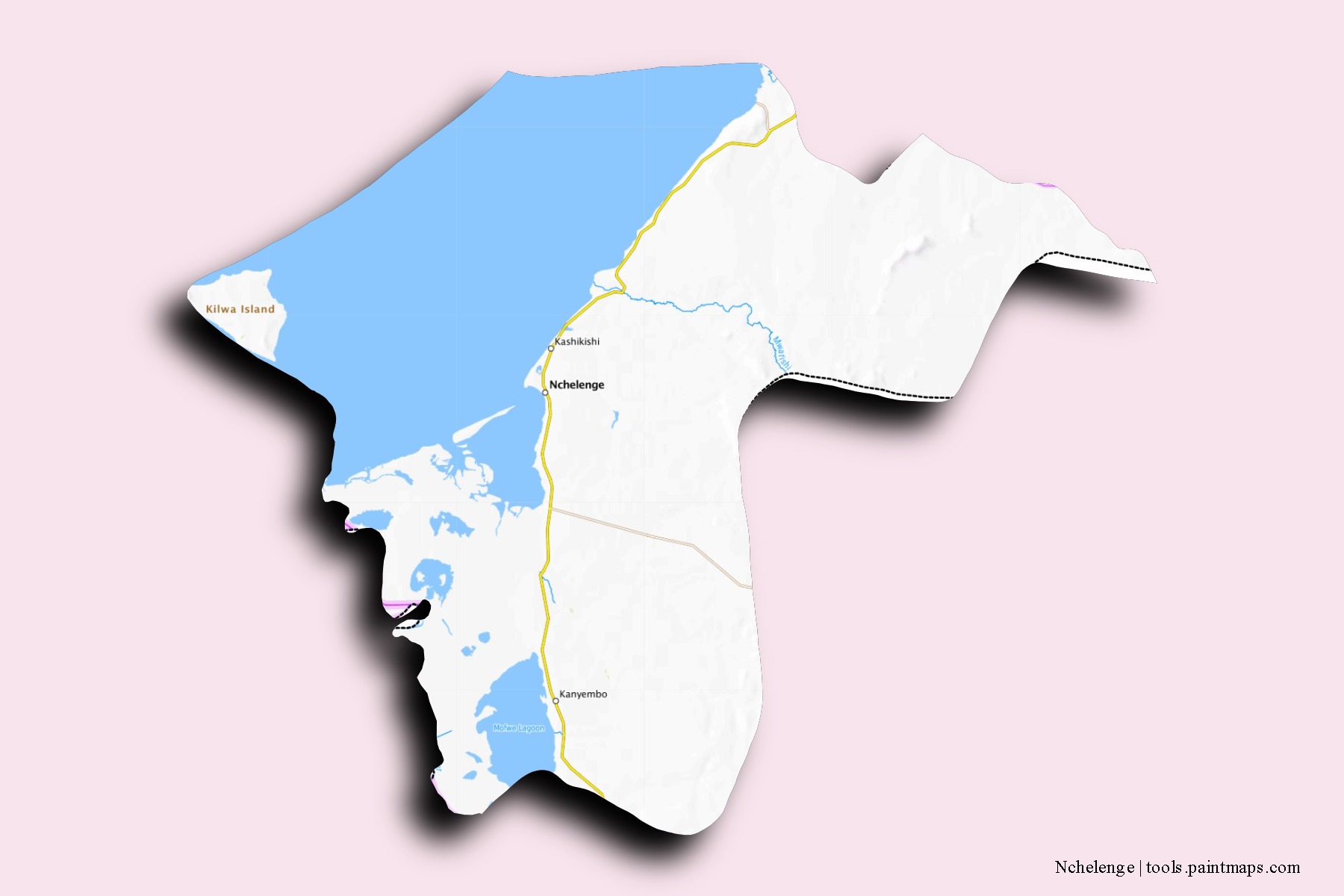 Mapa de barrios y pueblos de Nchelenge con efecto de sombra 3D