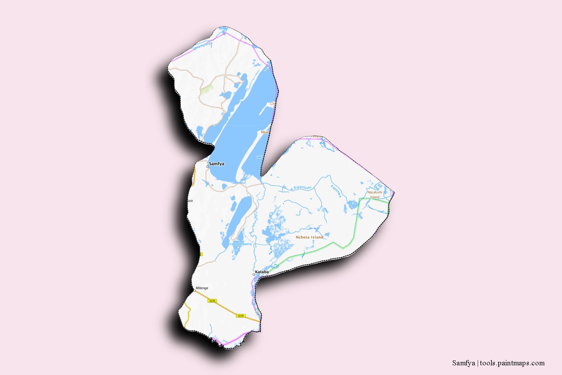 Mapa de barrios y pueblos de Samfya con efecto de sombra 3D