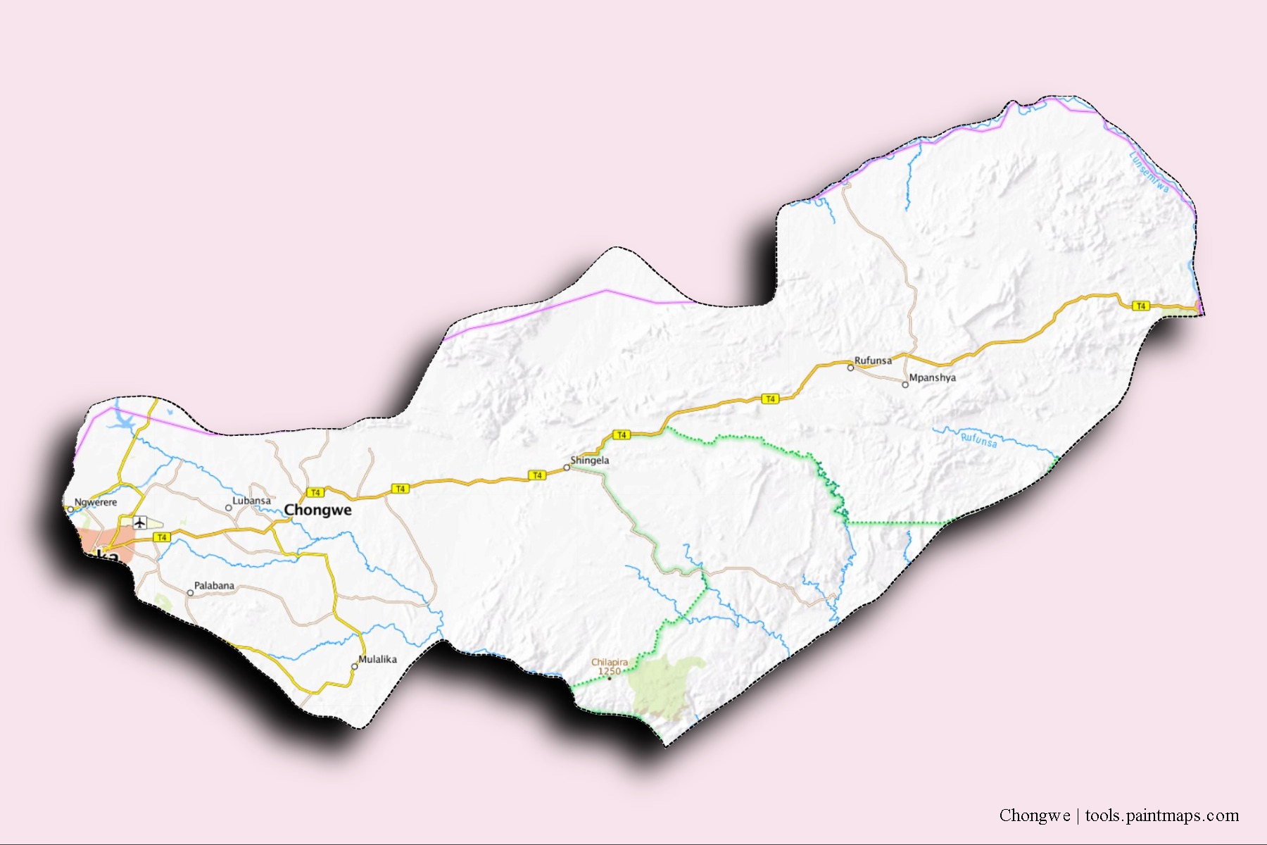 Chongwe neighborhoods and villages map with 3D shadow effect