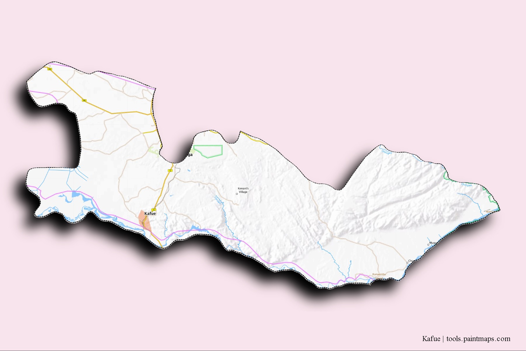 Mapa de barrios y pueblos de Kafue con efecto de sombra 3D