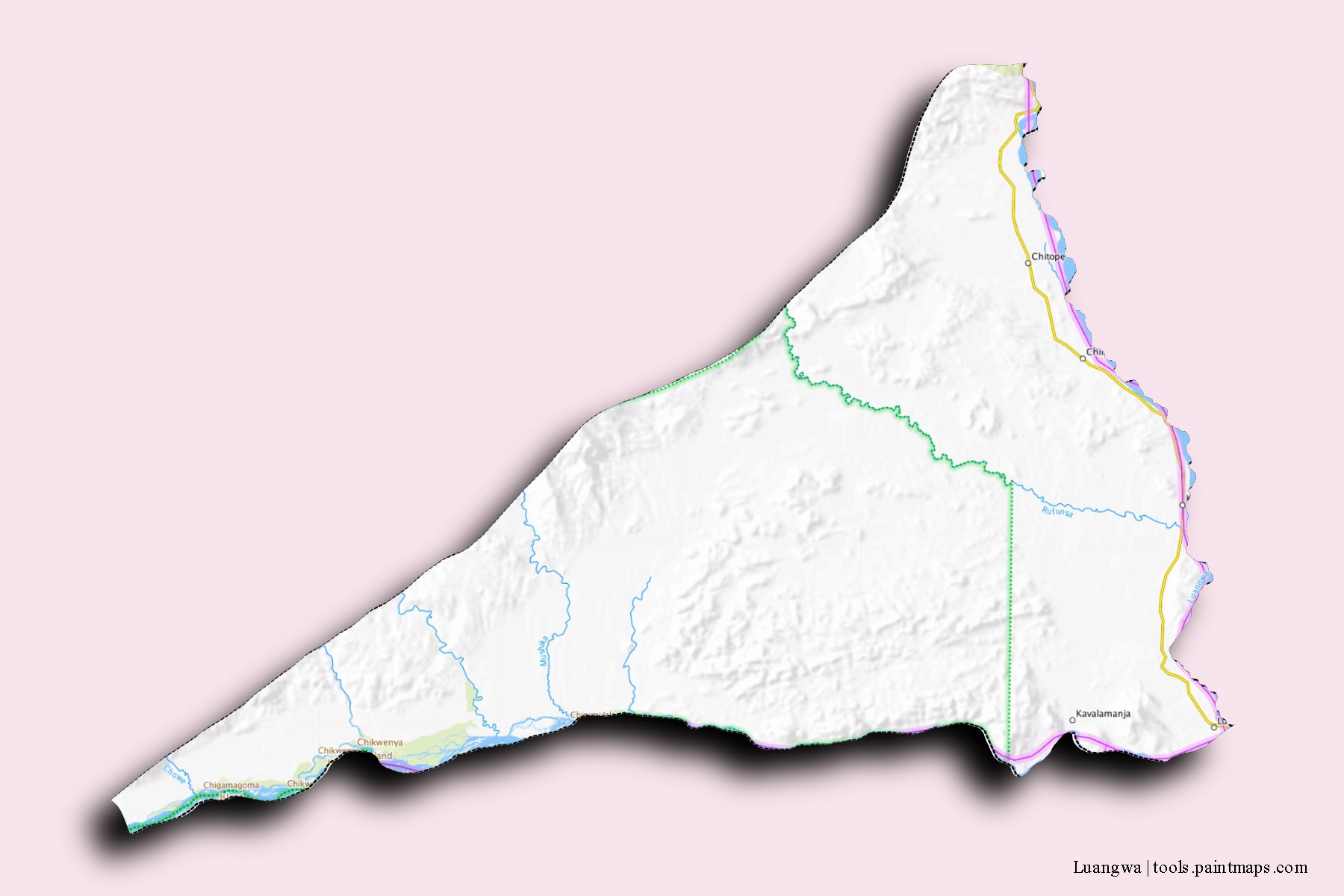 Mapa de barrios y pueblos de Luangwa con efecto de sombra 3D