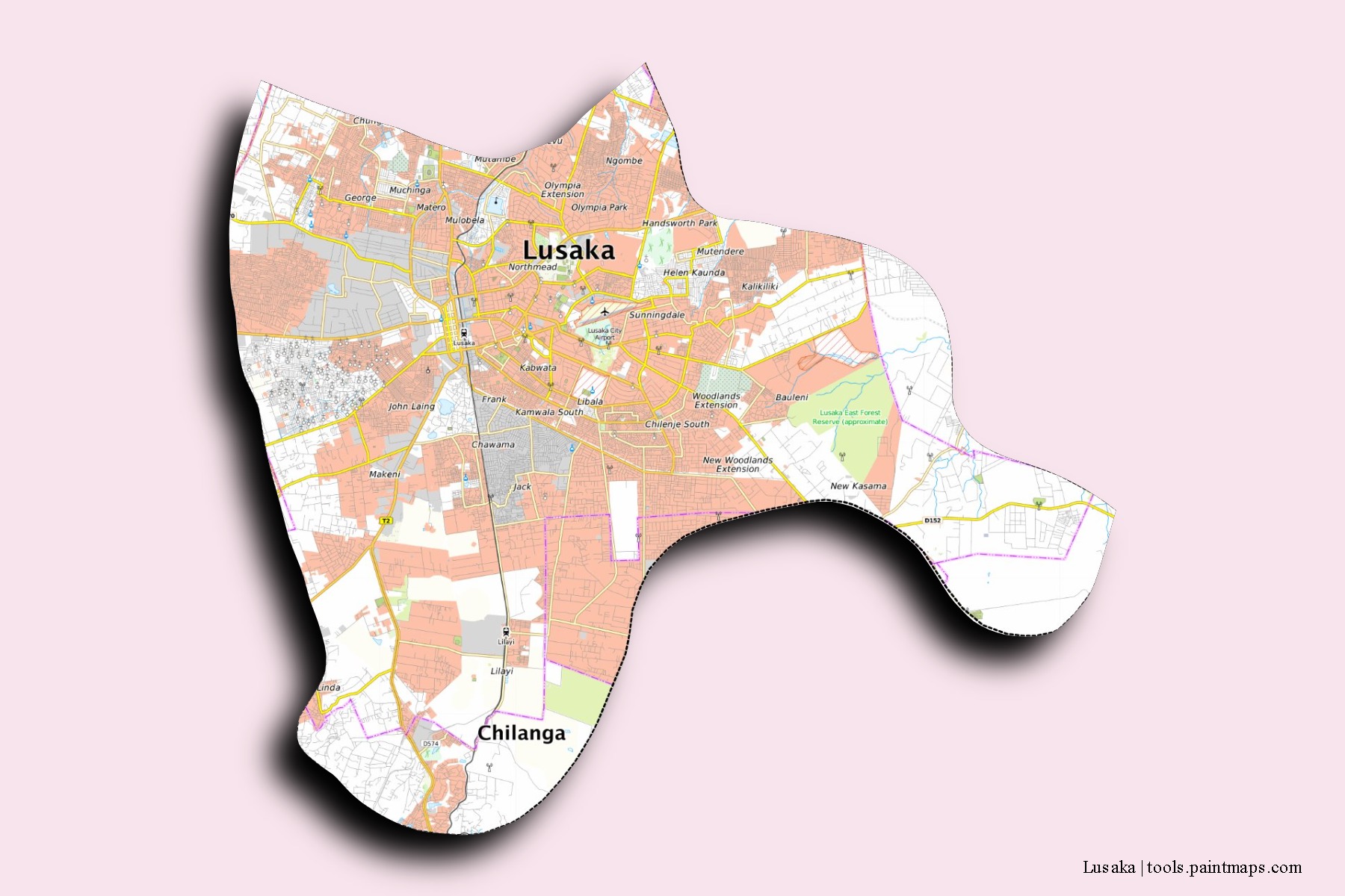 Mapa de barrios y pueblos de Lusaka con efecto de sombra 3D