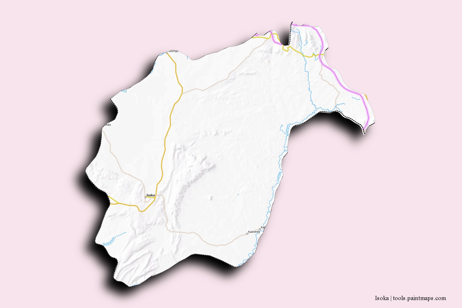 Mapa de barrios y pueblos de Isoka con efecto de sombra 3D