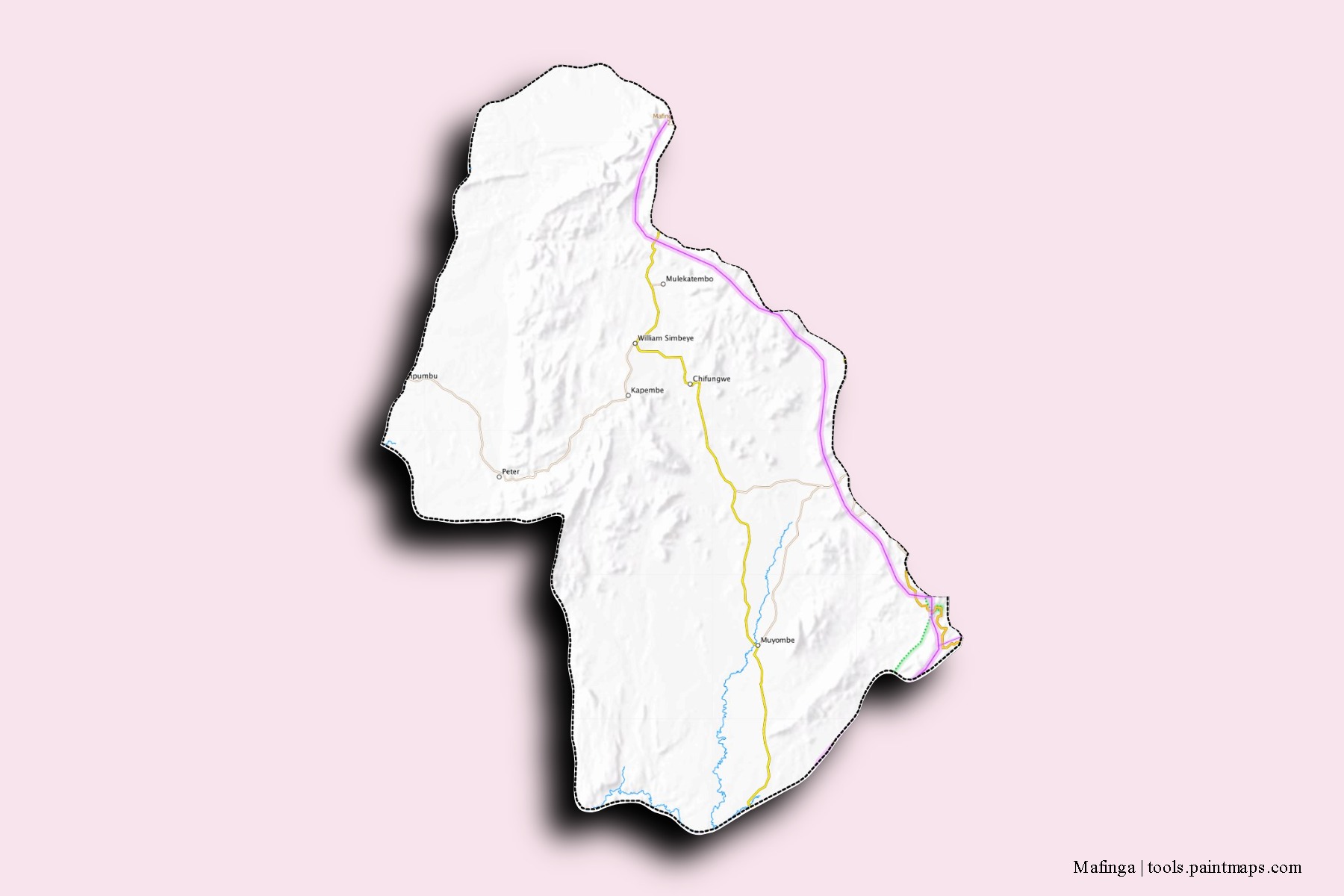 Mapa de barrios y pueblos de Mafinga con efecto de sombra 3D