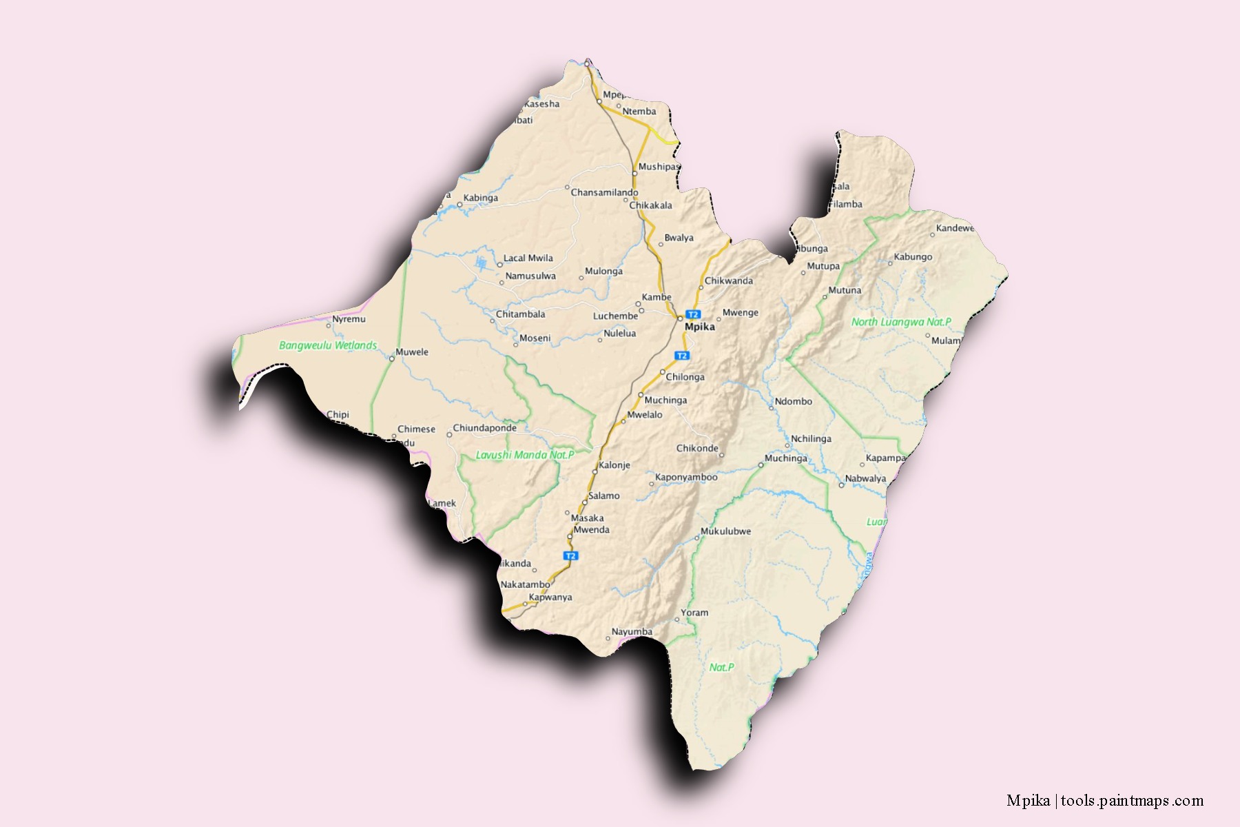 Mapa de barrios y pueblos de Mpika con efecto de sombra 3D