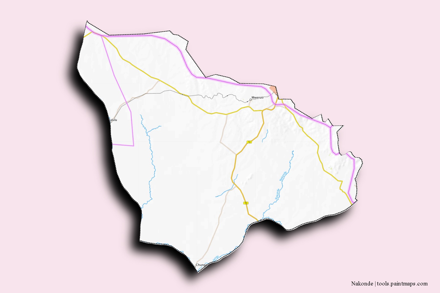 Mapa de barrios y pueblos de Nakonde con efecto de sombra 3D
