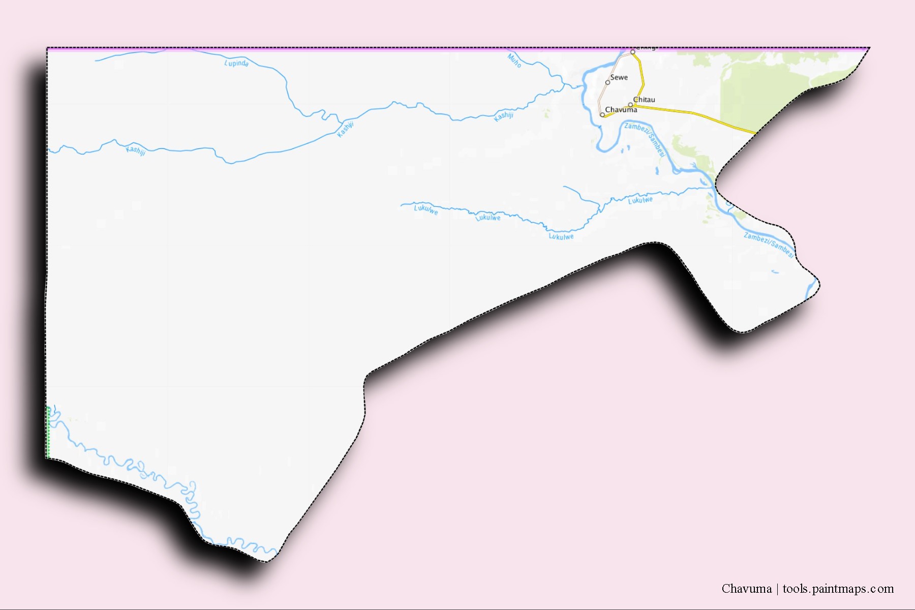 Mapa de barrios y pueblos de Chavuma con efecto de sombra 3D