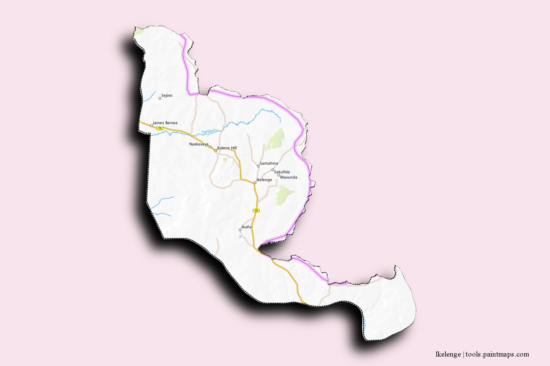 Mapa de barrios y pueblos de Ikelenge con efecto de sombra 3D