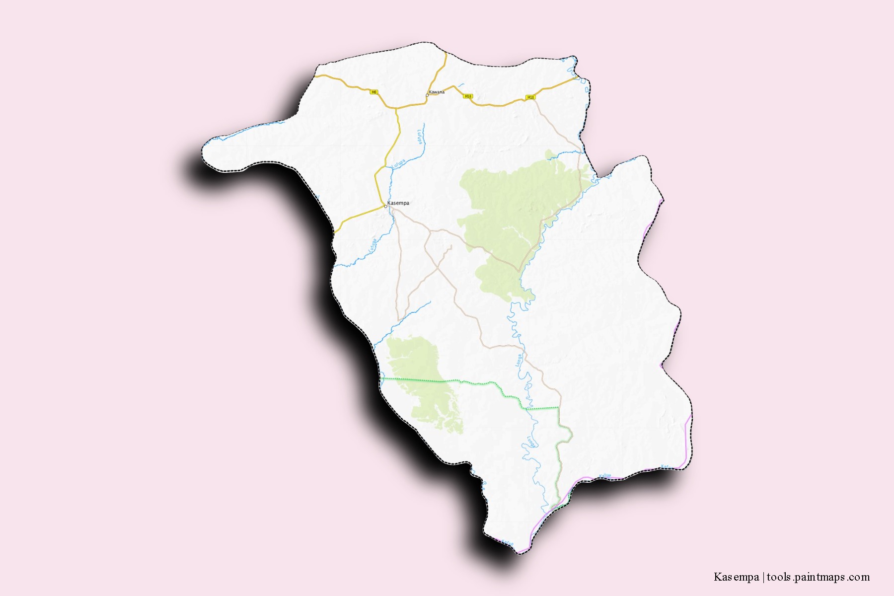 Mapa de barrios y pueblos de Kasempa con efecto de sombra 3D