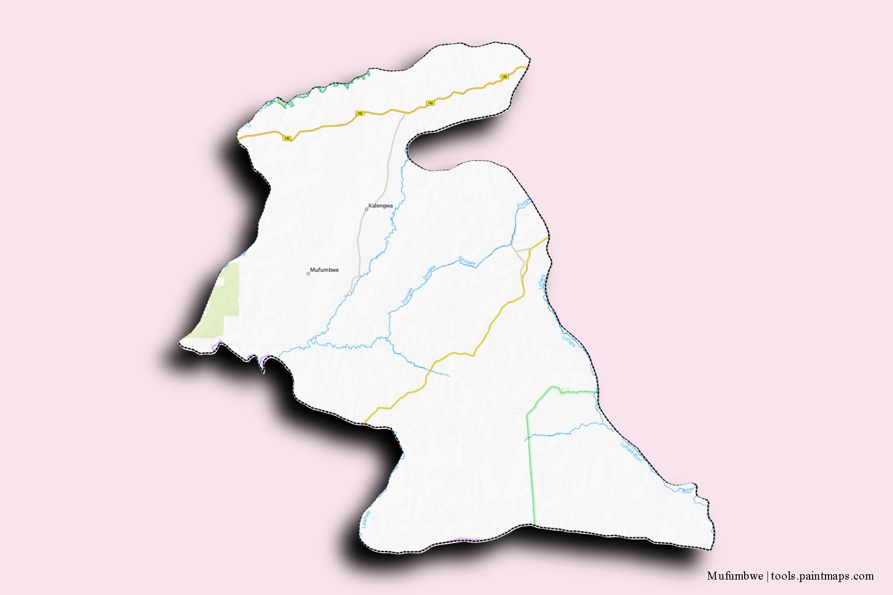 Mapa de barrios y pueblos de Mufumbwe con efecto de sombra 3D