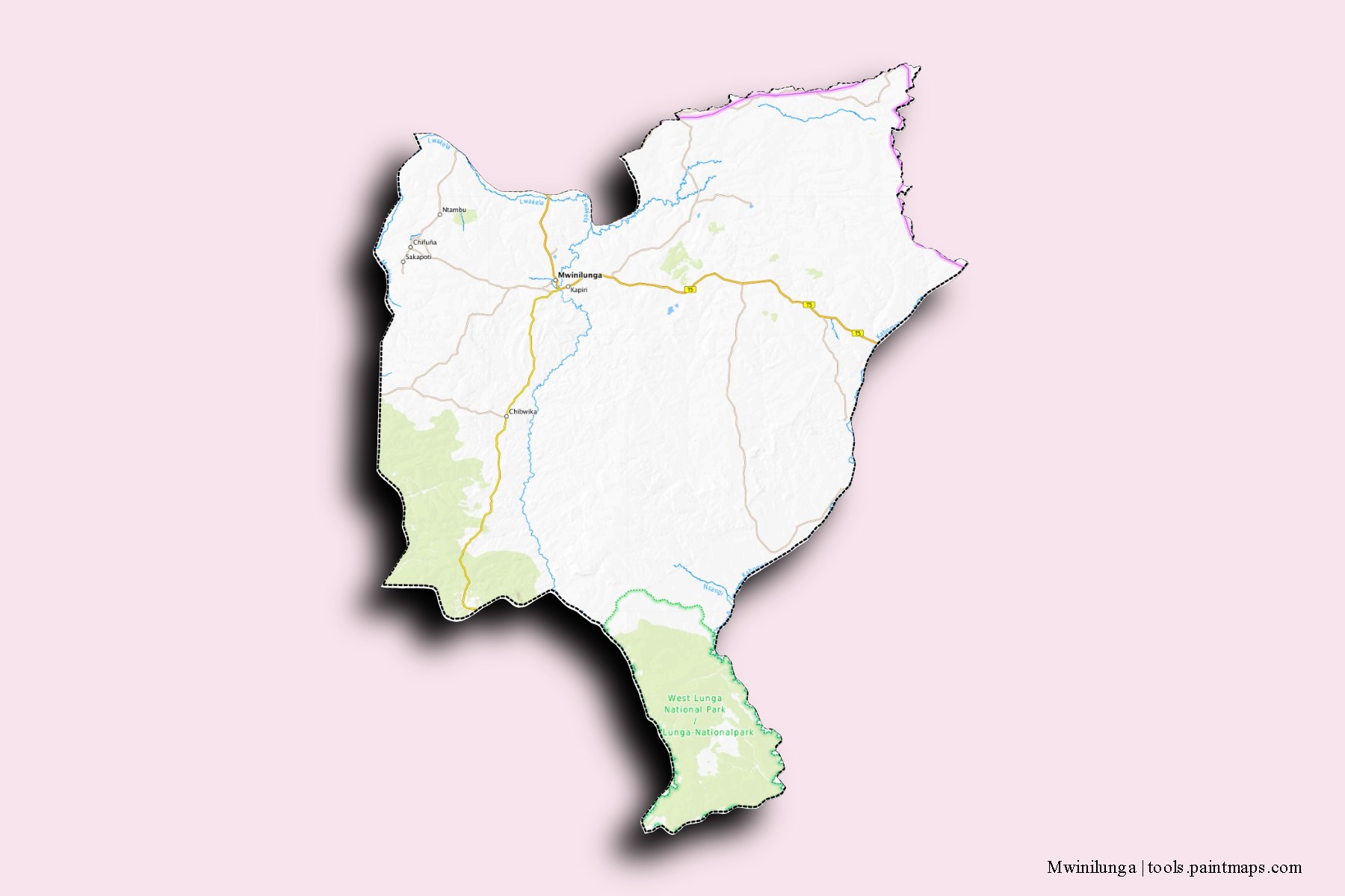 Mapa de barrios y pueblos de Mwinilunga con efecto de sombra 3D