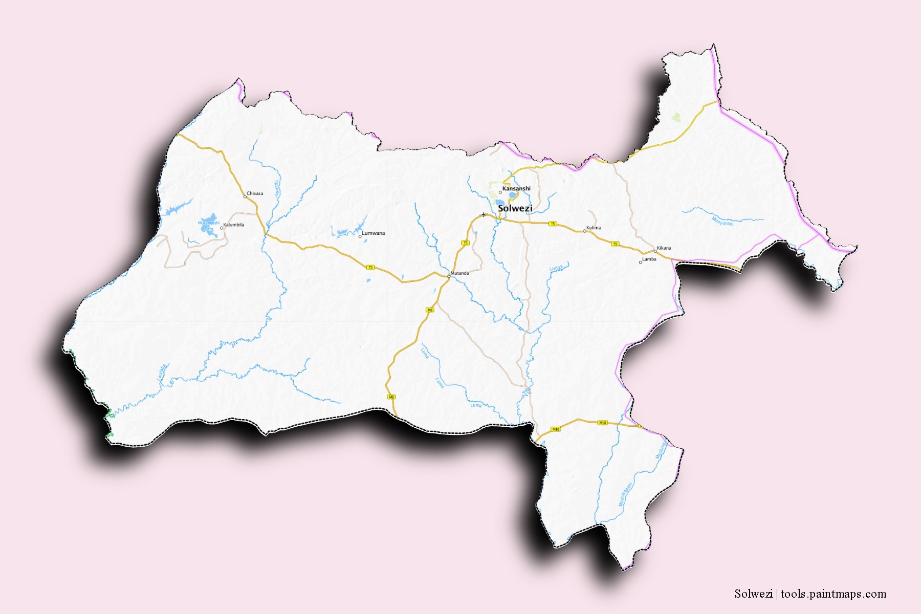 Mapa de barrios y pueblos de Solwezi con efecto de sombra 3D