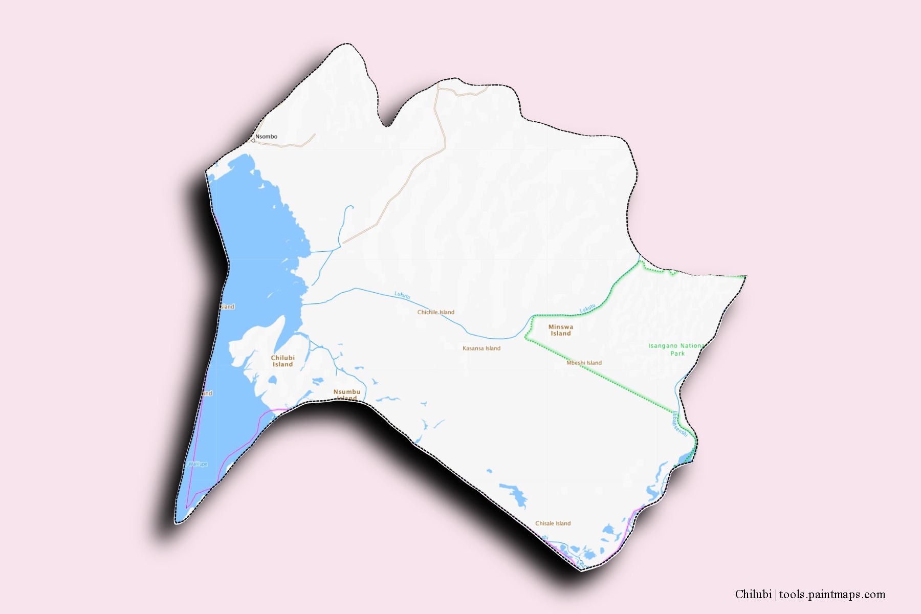 Mapa de barrios y pueblos de Chilubi con efecto de sombra 3D