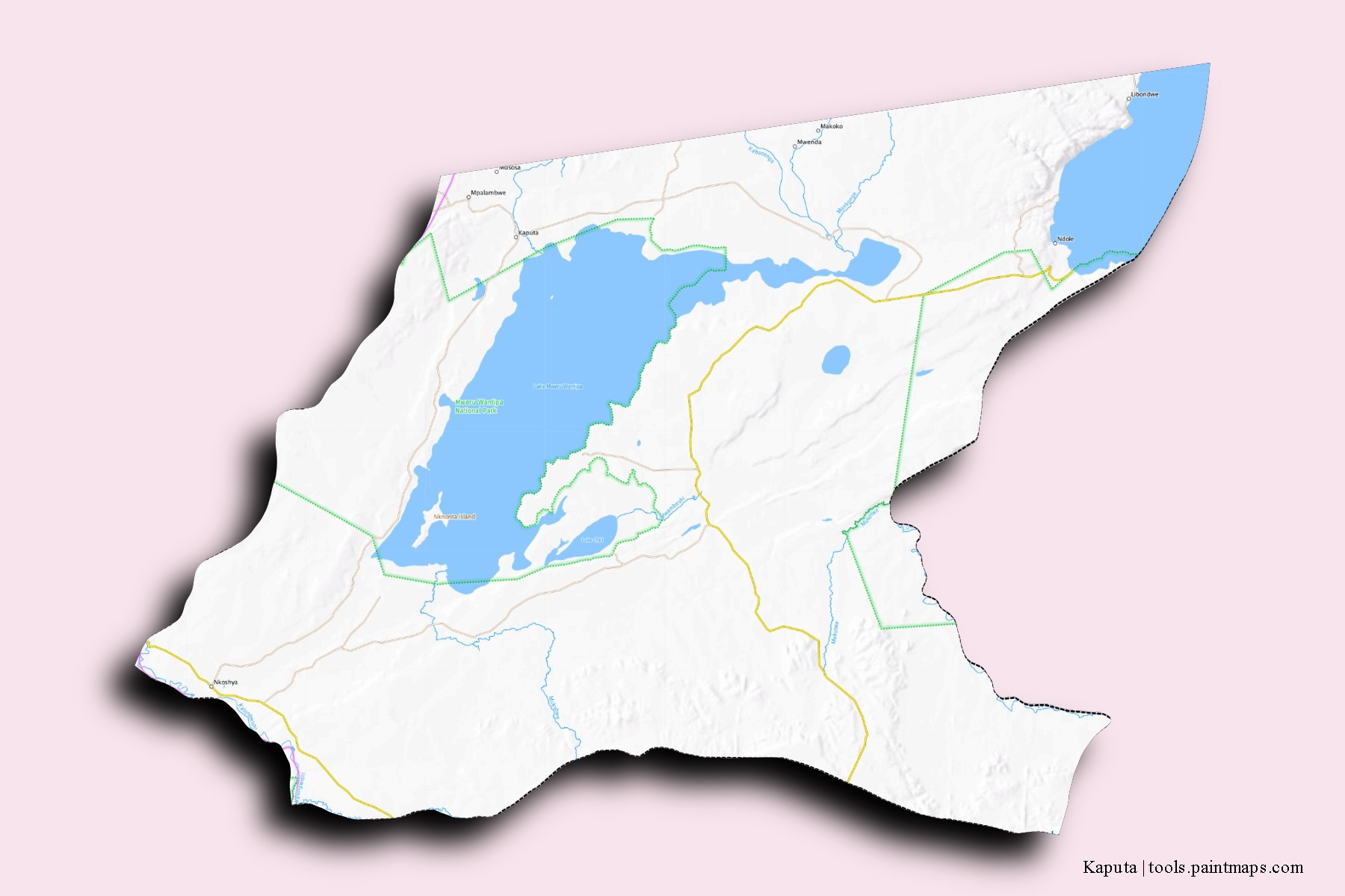 Mapa de barrios y pueblos de Kaputa con efecto de sombra 3D