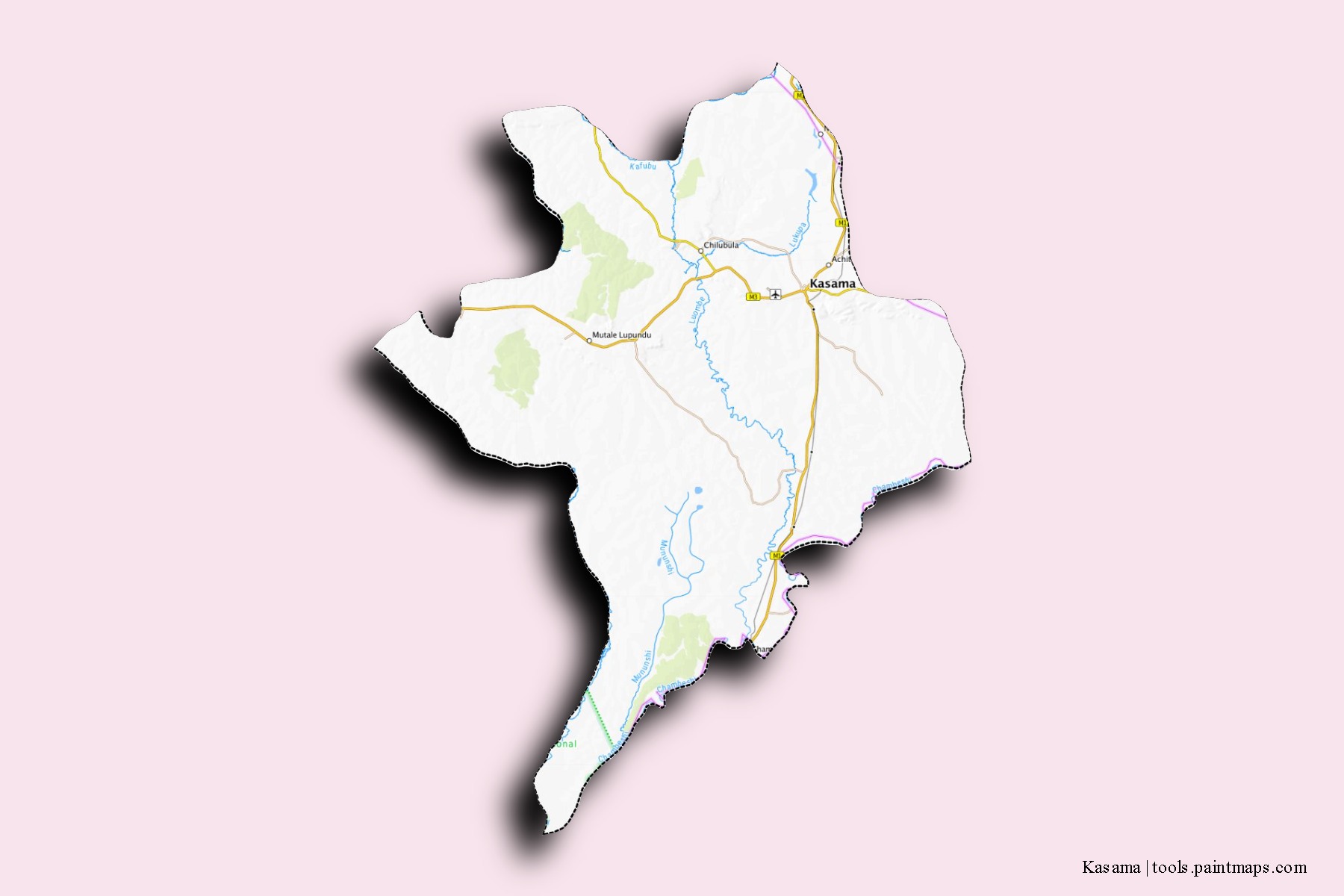 Mapa de barrios y pueblos de Kasama con efecto de sombra 3D