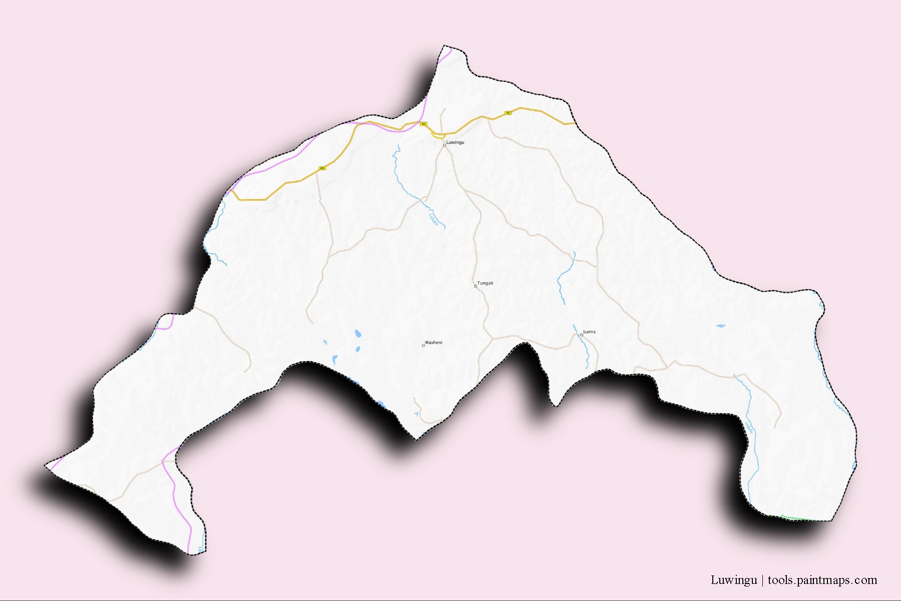 Mapa de barrios y pueblos de Luwingu con efecto de sombra 3D