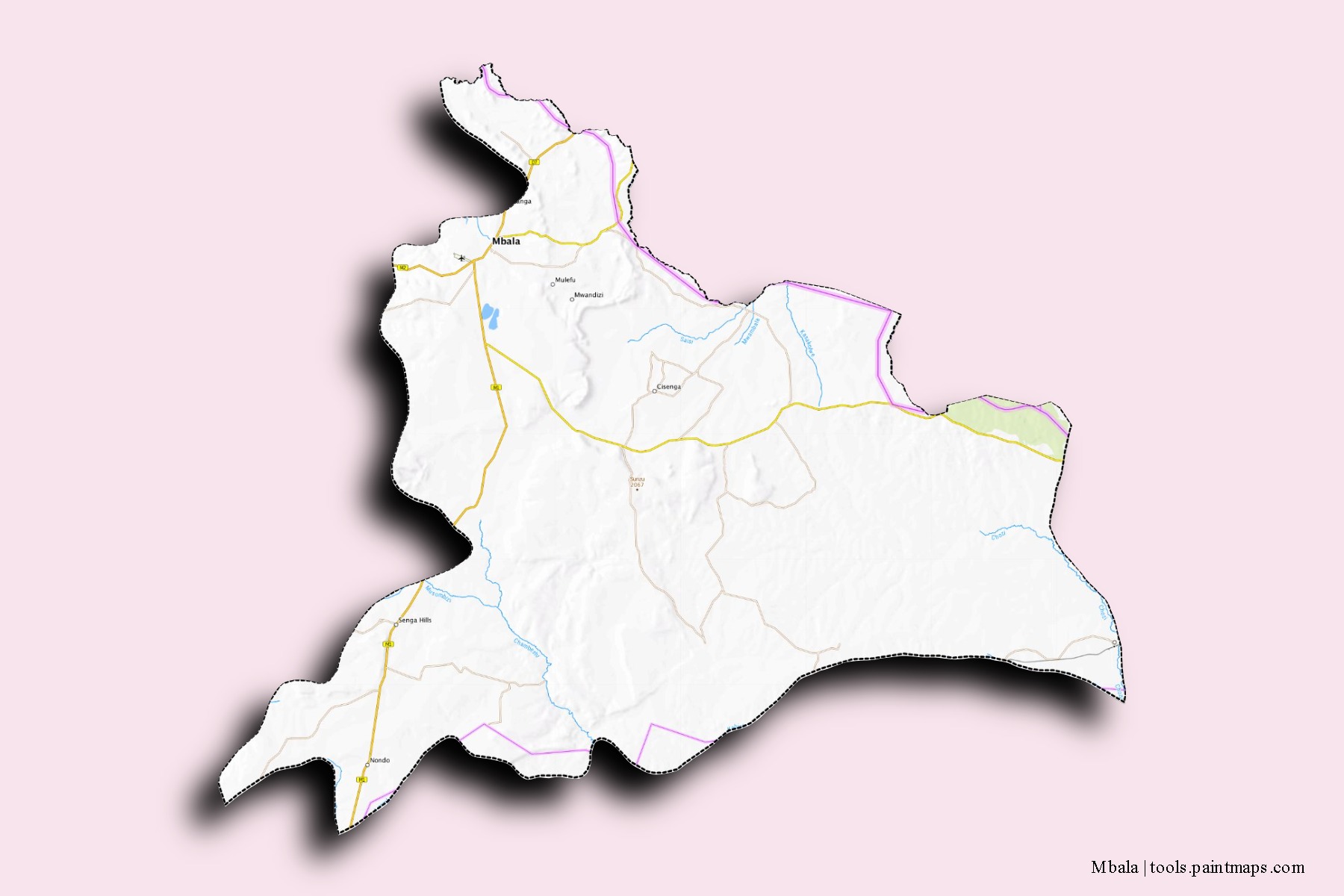 Mapa de barrios y pueblos de Mbala con efecto de sombra 3D