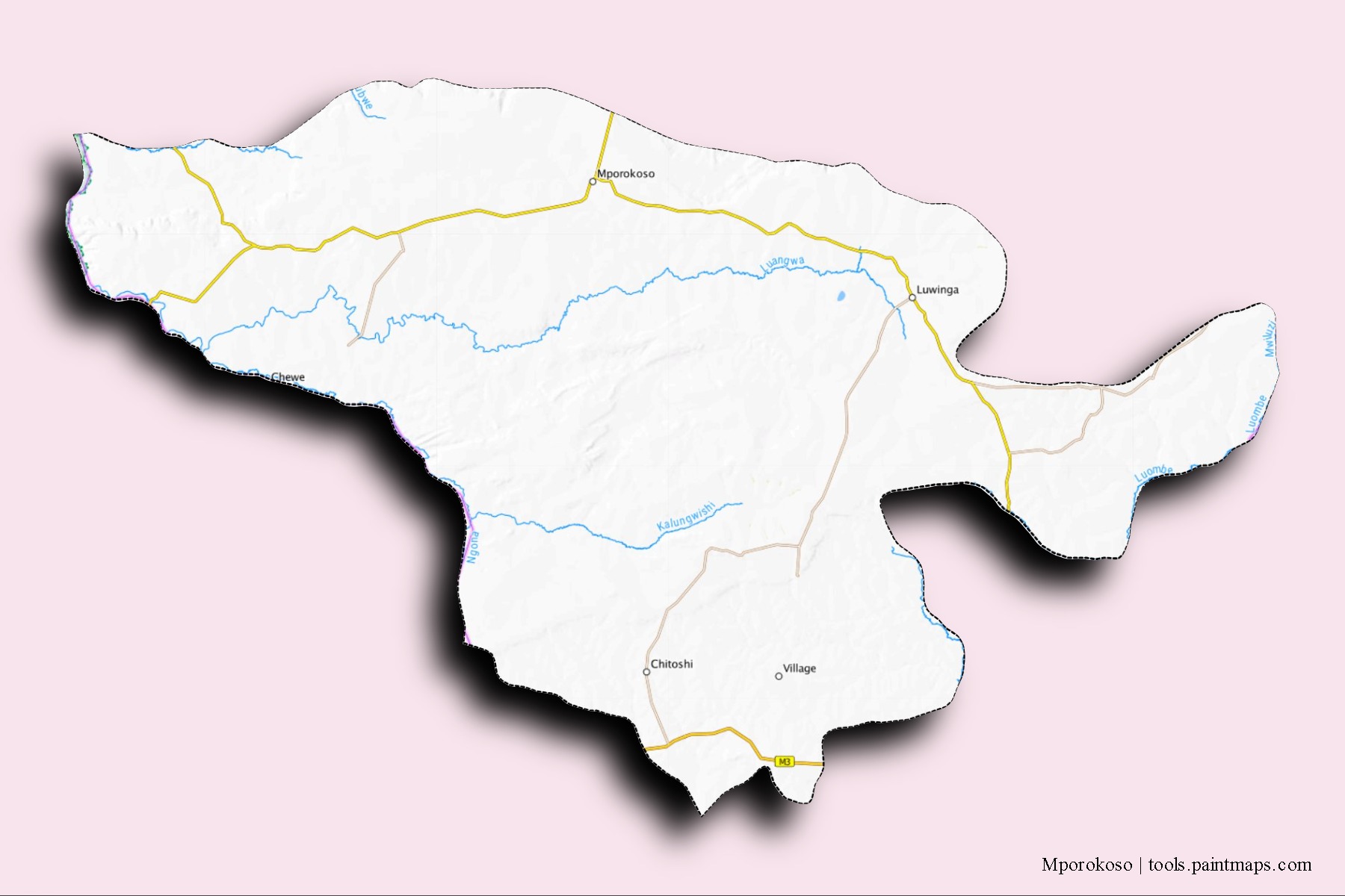 Mapa de barrios y pueblos de Mporokoso con efecto de sombra 3D