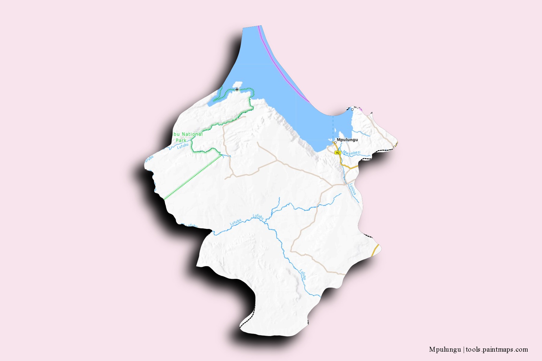 Mapa de barrios y pueblos de Mpulungu con efecto de sombra 3D