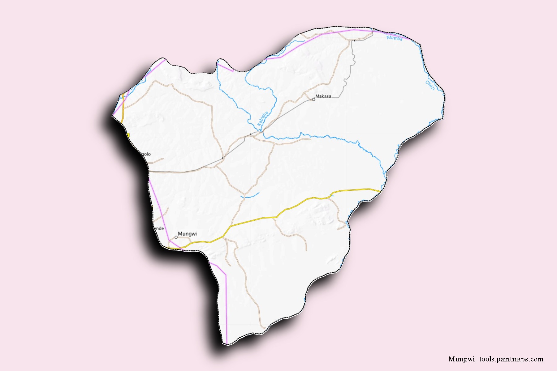 Mapa de barrios y pueblos de Mungwi con efecto de sombra 3D