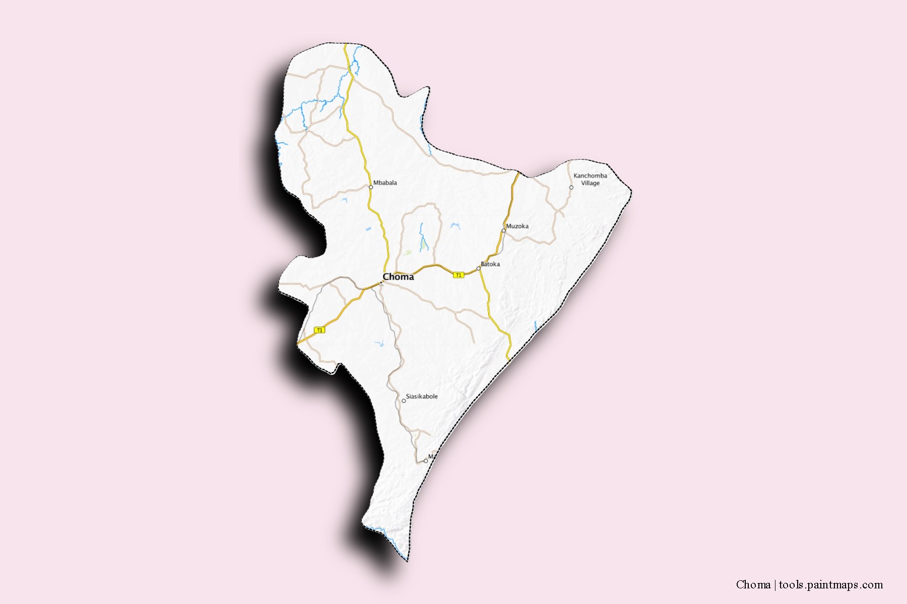 Mapa de barrios y pueblos de Choma con efecto de sombra 3D