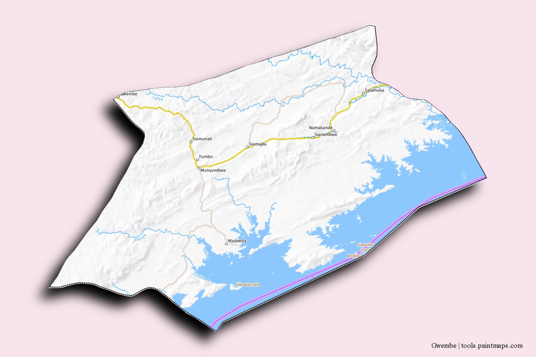 Mapa de barrios y pueblos de Gwembe con efecto de sombra 3D