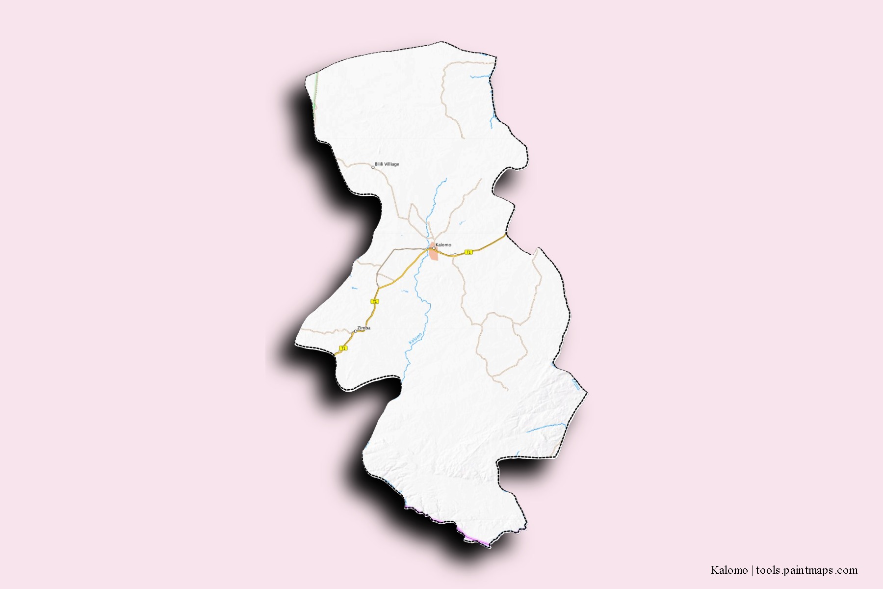 Kalomo neighborhoods and villages map with 3D shadow effect