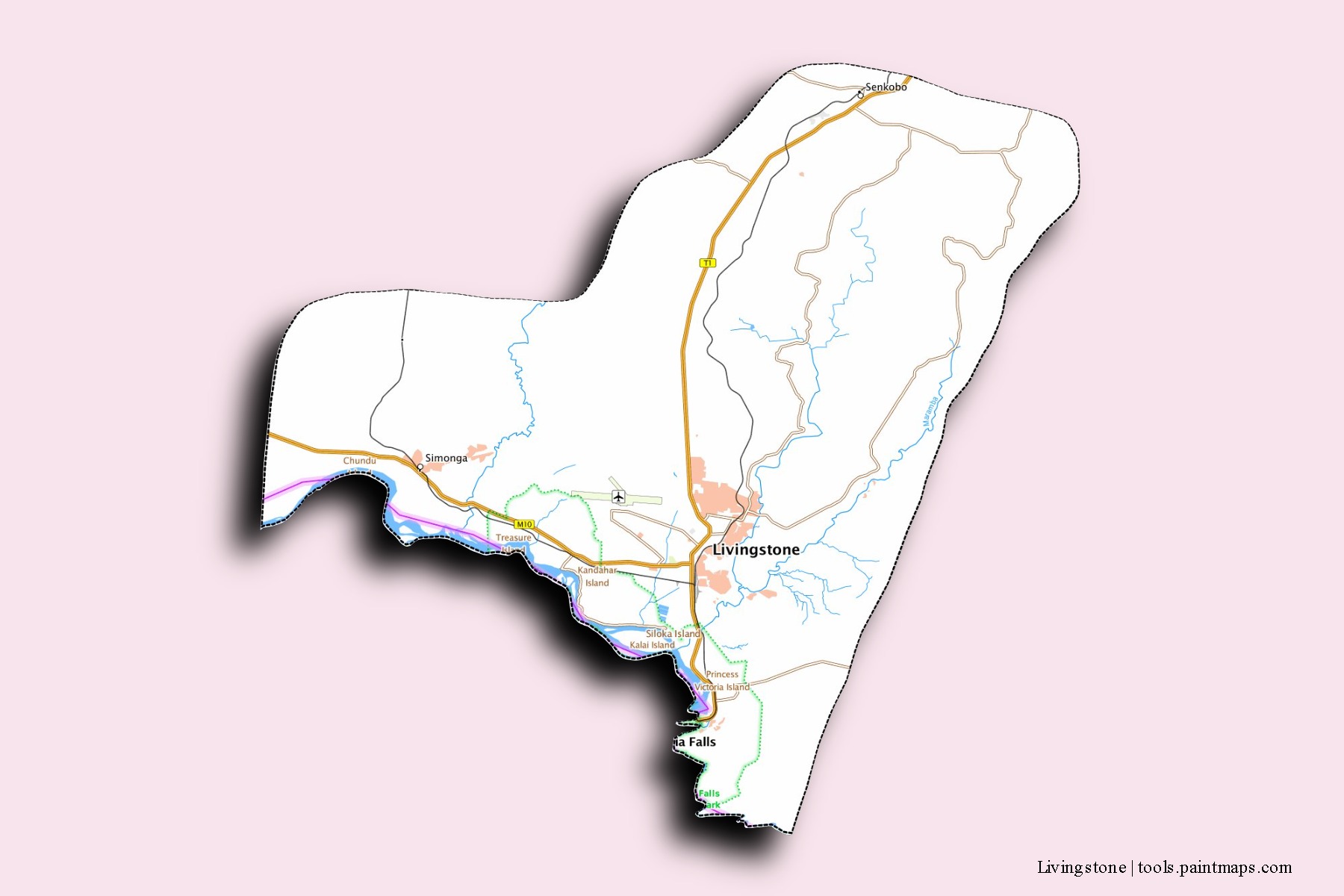 Livingstone neighborhoods and villages map with 3D shadow effect