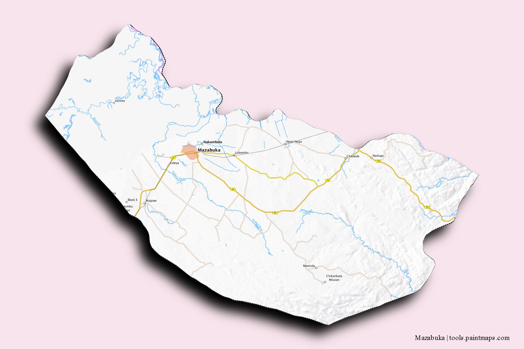 Mapa de barrios y pueblos de Mazabuka con efecto de sombra 3D