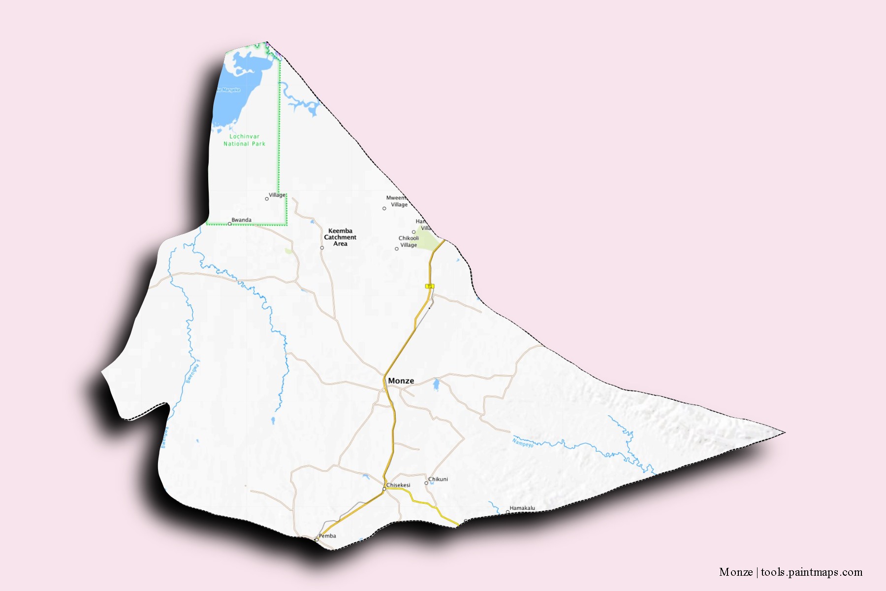 Mapa de barrios y pueblos de Monze con efecto de sombra 3D