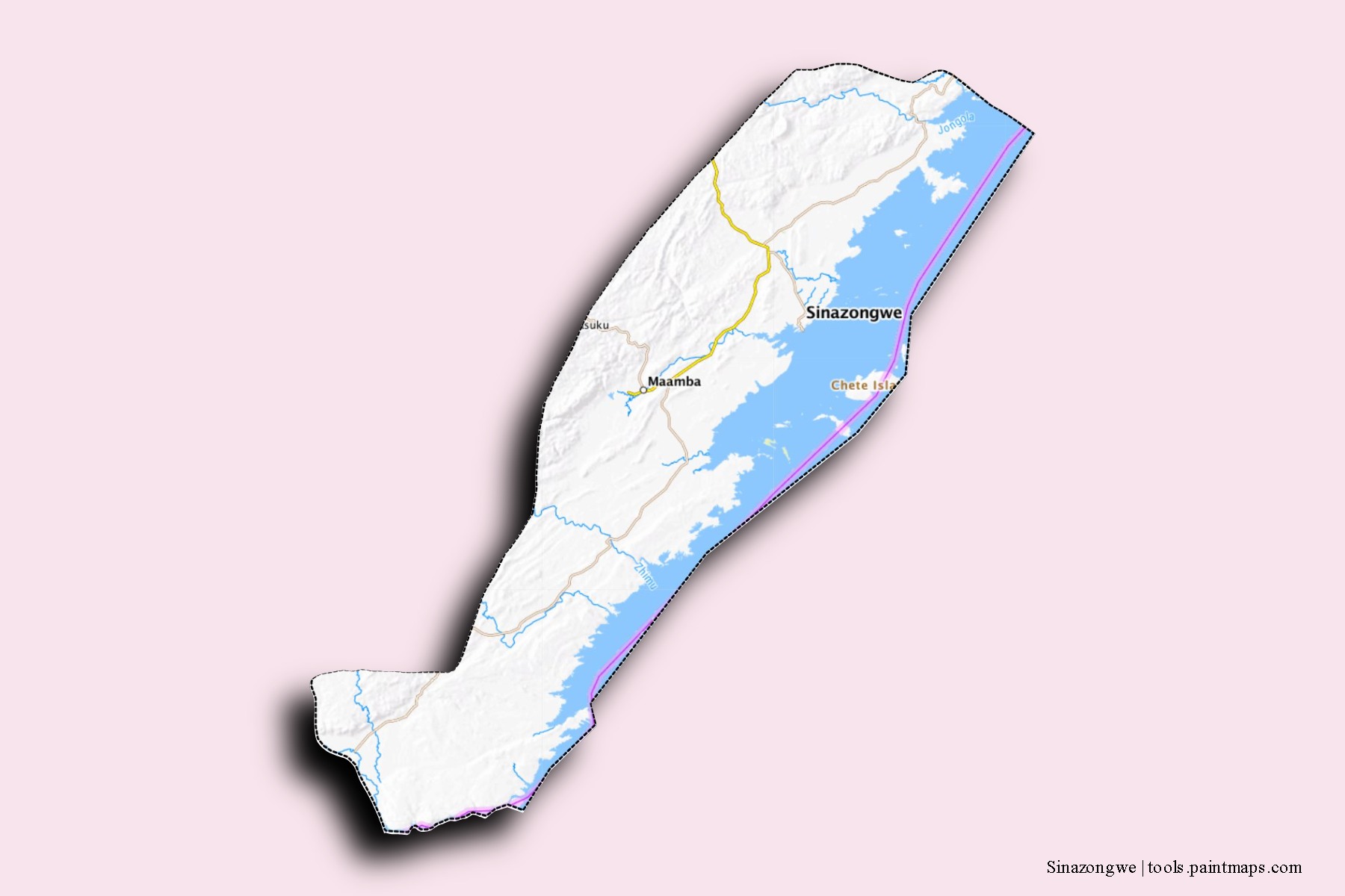 Mapa de barrios y pueblos de Sinazongwe con efecto de sombra 3D