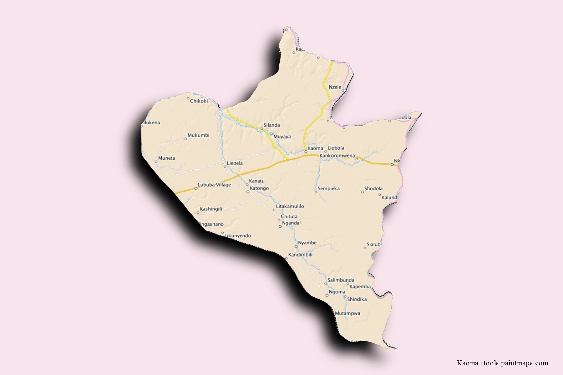 Mapa de barrios y pueblos de Kaoma con efecto de sombra 3D