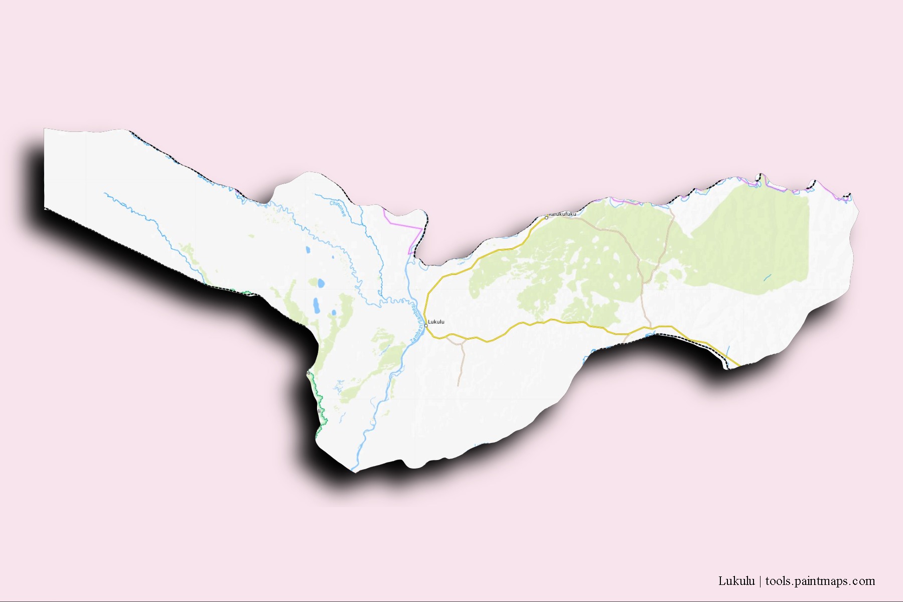 Lukulu neighborhoods and villages map with 3D shadow effect