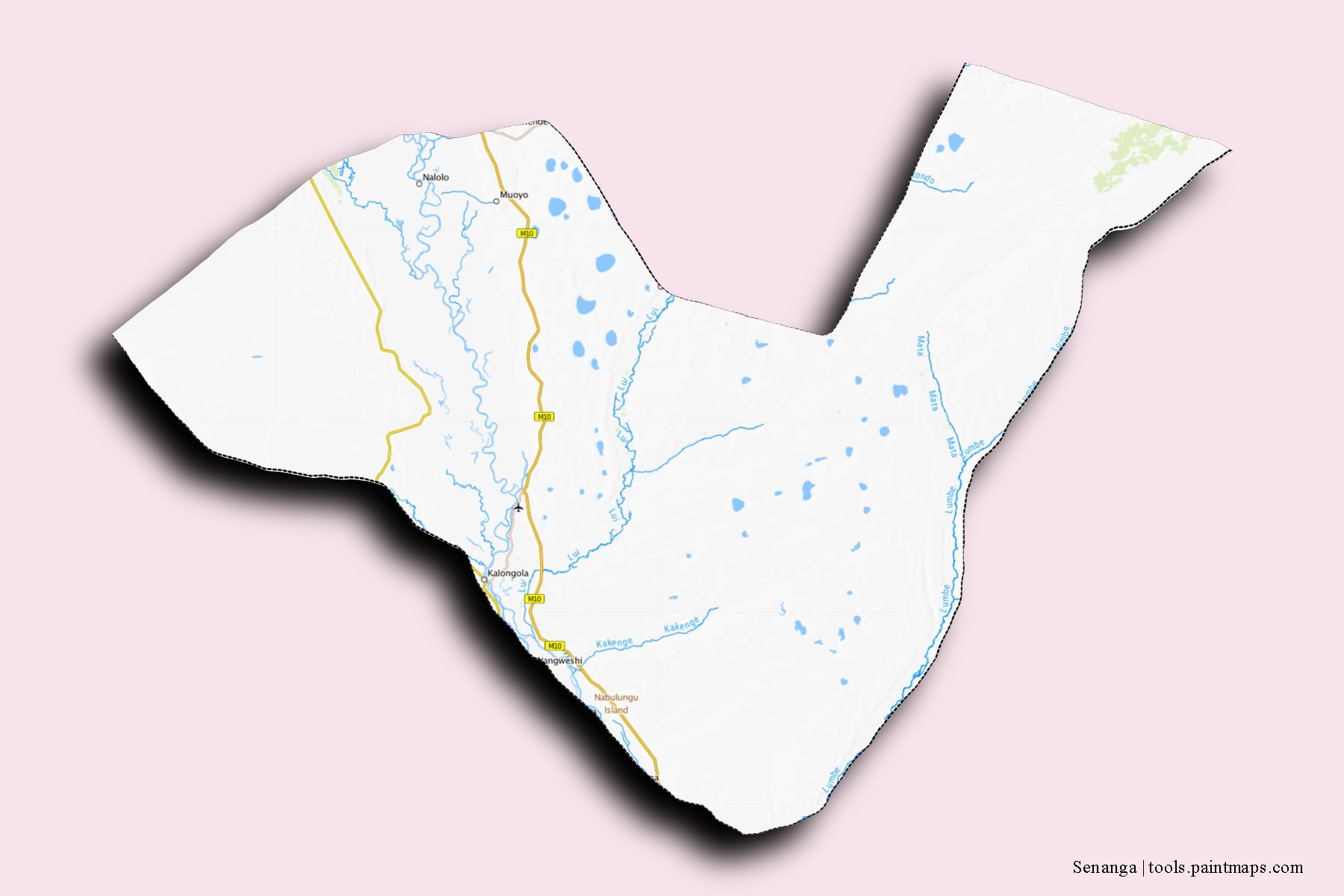 Mapa de barrios y pueblos de Senanga con efecto de sombra 3D