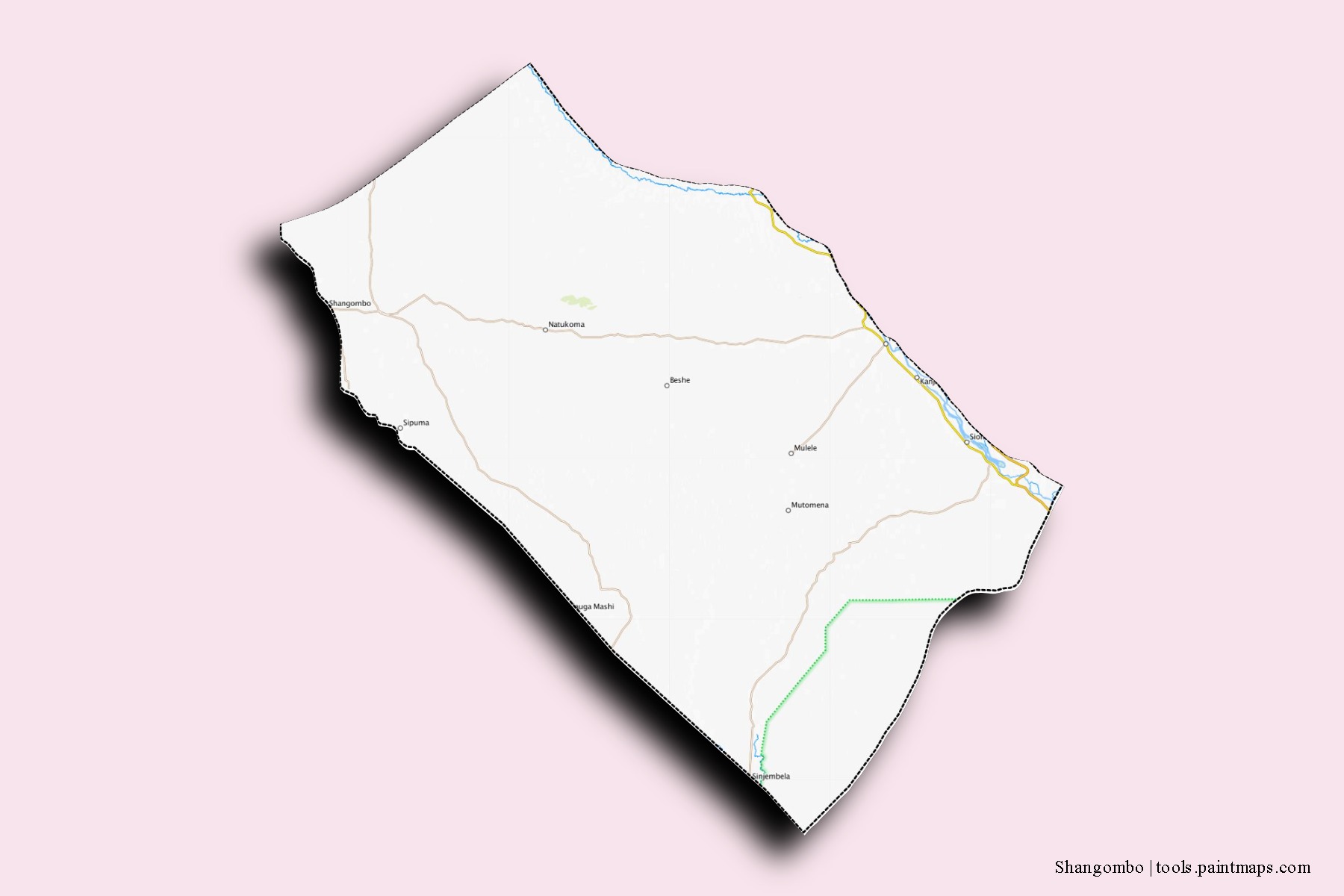 Mapa de barrios y pueblos de Shangombo con efecto de sombra 3D