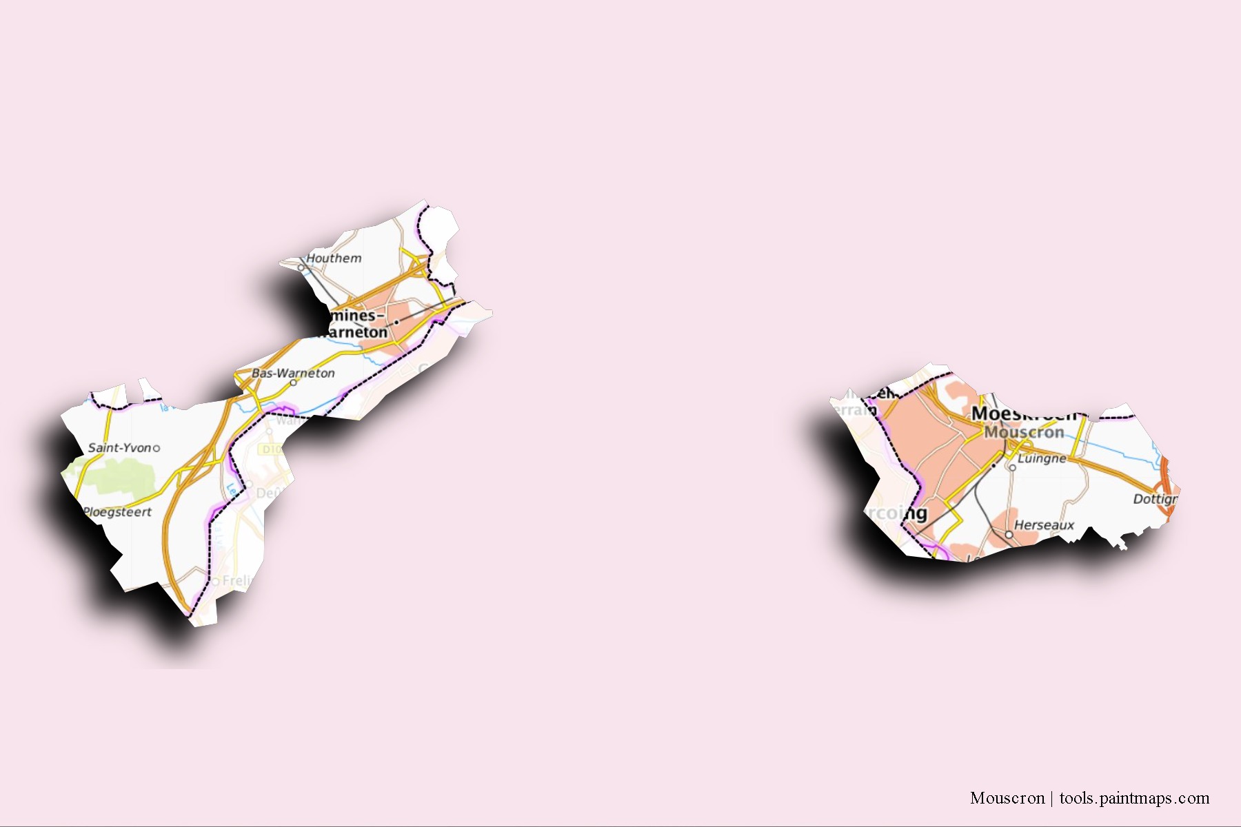 3D gölge efektli Mouscron mahalleleri ve köyleri haritası