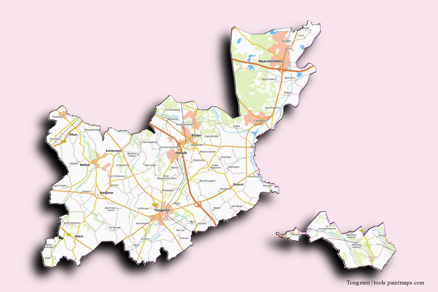 Mapa de barrios y pueblos de Tongeren con efecto de sombra 3D