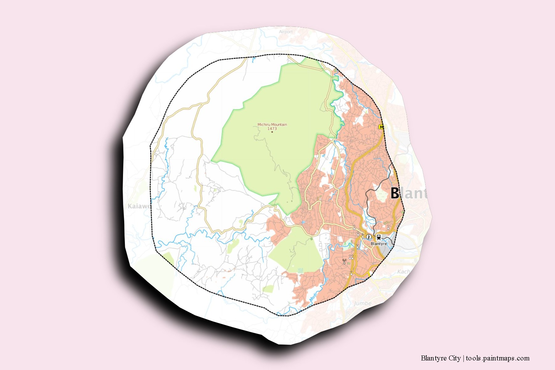 3D gölge efektli Blantyre City ve ilçeleri haritası