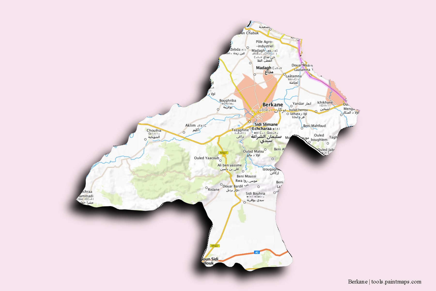 Berkane neighborhoods and villages map with 3D shadow effect